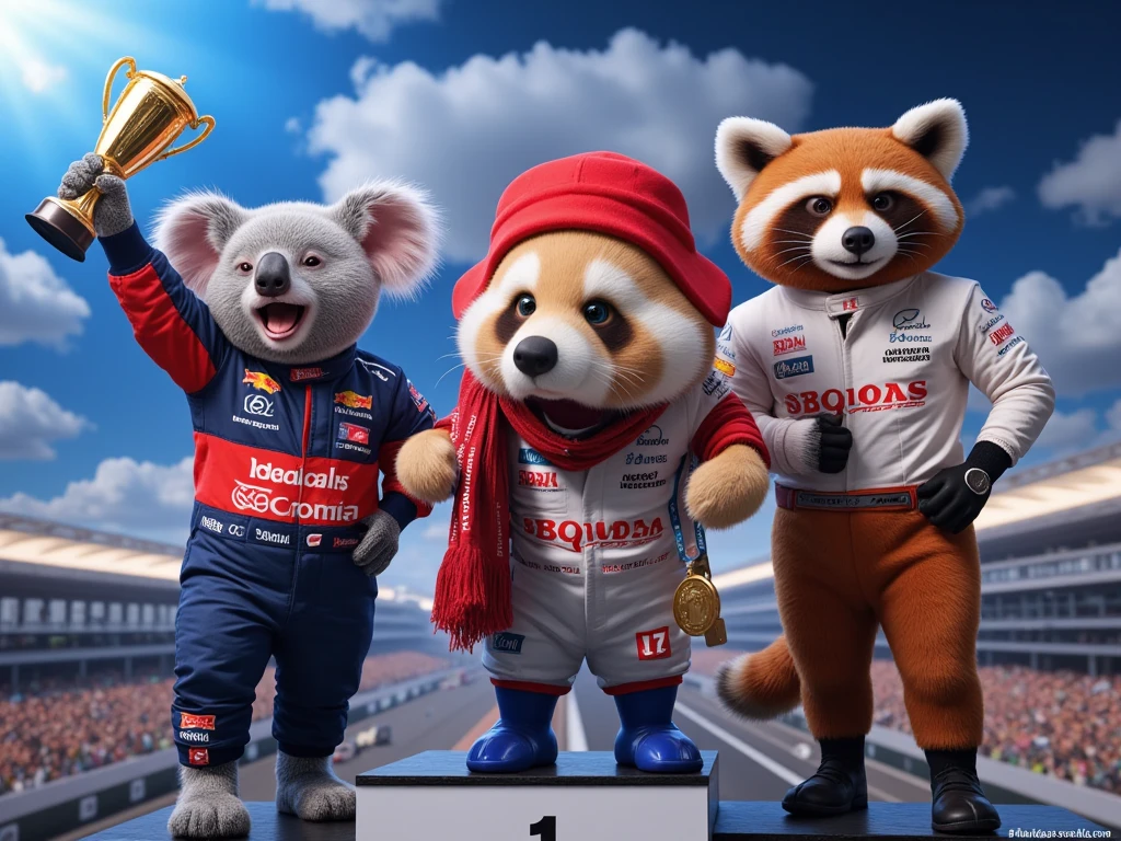 (photorealistic),(レーシングスーツを着て　トロフィーを掲げて　F1GPの表彰台で祝福される動物たち),(優勝はコアラ　準優勝はレッサーパンダ　3位はアライグマ),記者たちのカメラのフラッシュ