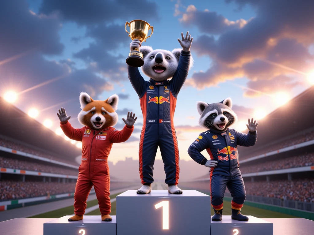 (photorealistic),(レーシングスーツを着て　トロフィーを掲げて　F1GPの表彰台で祝福される動物たち),(優勝はコアラ　準優勝はレッサーパンダ　3位はアライグマ),記者たちのカメラのフラッシュ