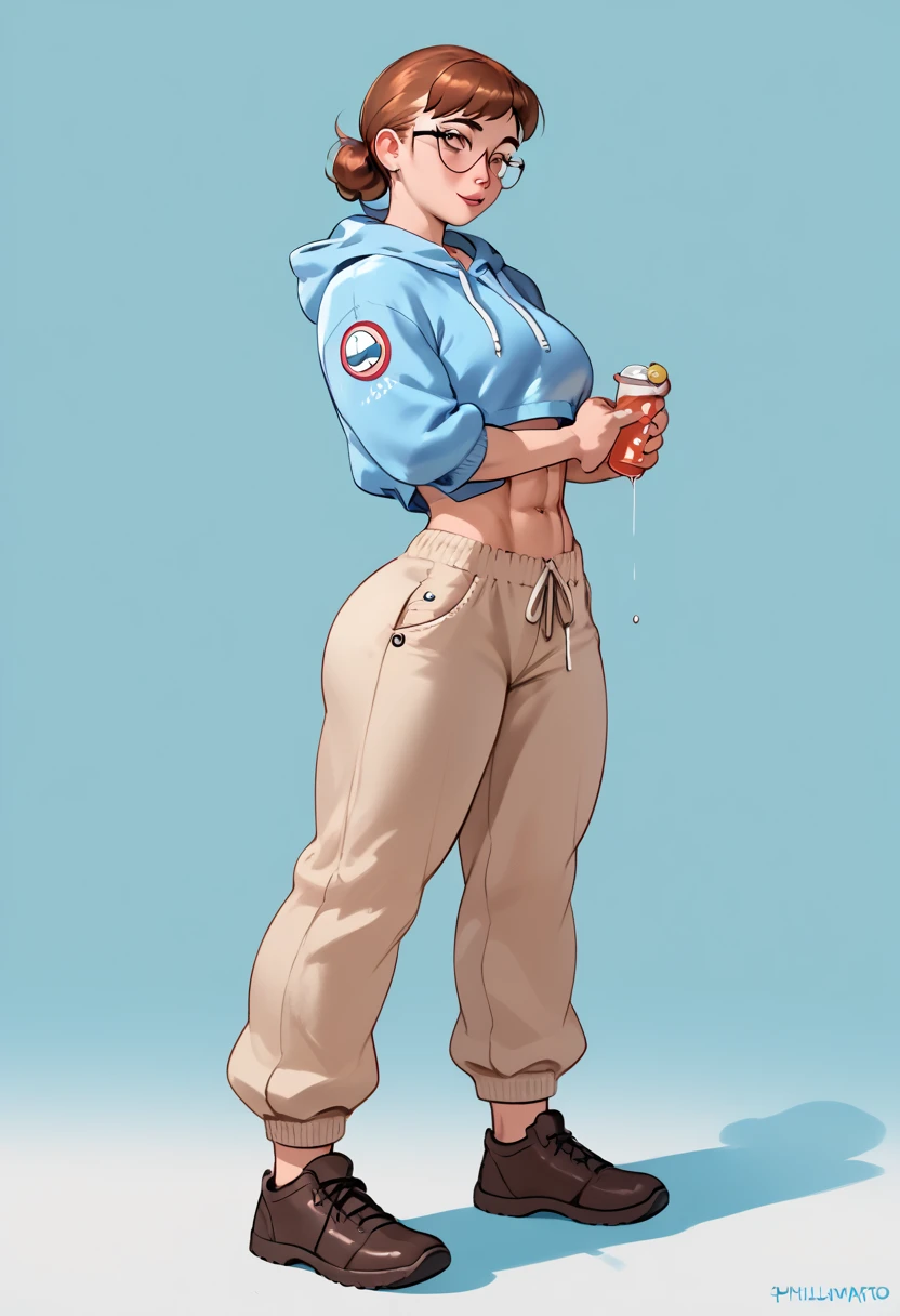 (((fullbody view))), She is ((very nerdy)) cute and shy young woman, 20 yo. She is also incredibly strong tough and durable. Great musculature with impressive definition. she's wearing a (light blue cropped hoodie) and beige ((baggy pants)), toned legs, great physique of a female bodybuilder