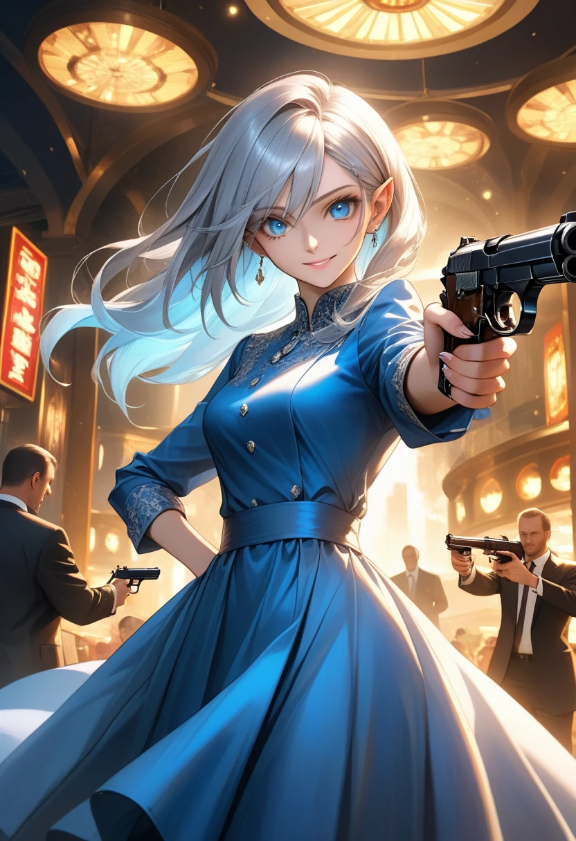 (Best quality:1.4), (ultra detailed:1.4), upper body shot , 1 elf girl, pointed ear, shiny silver long hair, long blue eyes, smirk, sexy long dress, transparency, spy outfit, (holding a gun and shooting at enemies:1.2), war set, highly detailed, photorealistic, intricate details, dramatic lighting, cinematic composition, vibrant colors, dynamic action pose, casino setup, lots of people around