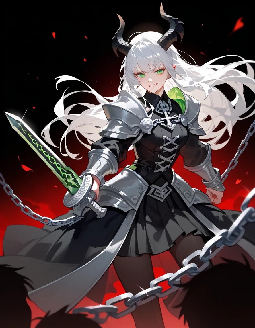 Grim ,girl,,slave,, bend the face, white hair alternating black, has a cool black horn,Black robe, Green Eyes,The whole chain ,On stage, black background, with a terrible smile,Long hair,Drag a large black sword.,Black Cool Sword