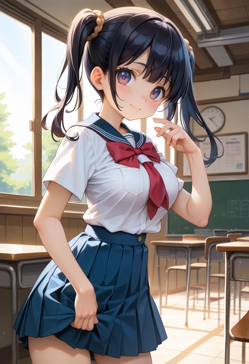 master piece,detailed,(((best quality))),megami magazine ,panties,(big breasts),girl,(((loli))),(((cute))),(((petite))),panties,school uniform,blackhair,twintail