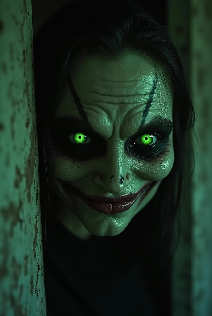 Split-screen image: on the left side, a normal bathroom with a young woman looking into a mirror, her expression worried. On the right side, the same bathroom but darker and distorted, showing the woman's reflection in the mirror with glowing green eyes and a malevolent smile. The reflection's hand is reaching out of the mirror towards the real woman. In the background of both sides, barely visible, is the silhouette of a black cat. The overall tone is creepy and suspenseful, with sharp contrasts between light and shadow.