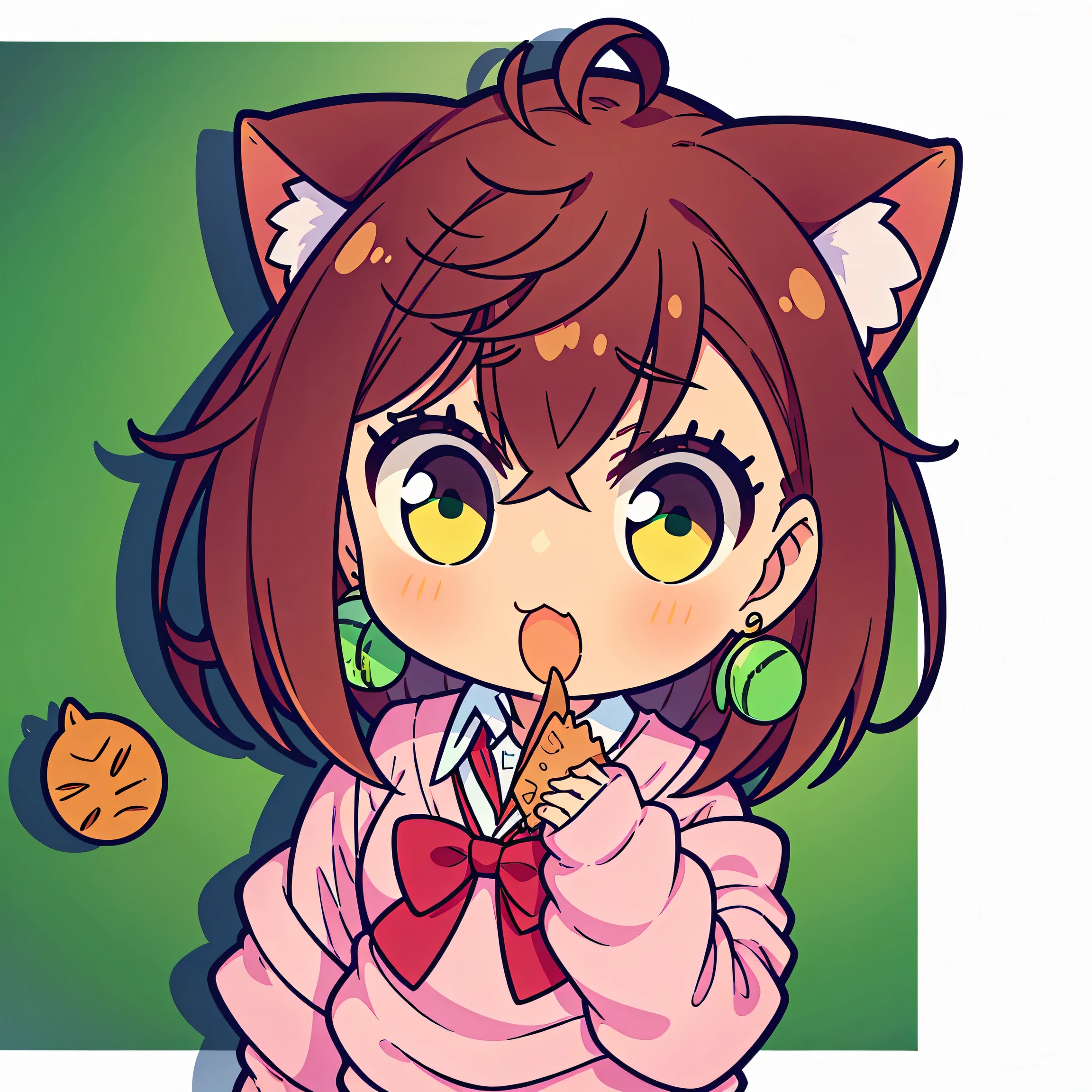 Art work,  ultra high quality , High challenge , high detail, 4K, 8k, facing the viewer ,  From the waist up , 1 girl,  school uniform ,  short hair, pink sweater,  long puffy sleeves,  collared shirt , link vermelho, link, large green earrings ,  cat ears, Holding Taiyaki,  green background with white ball