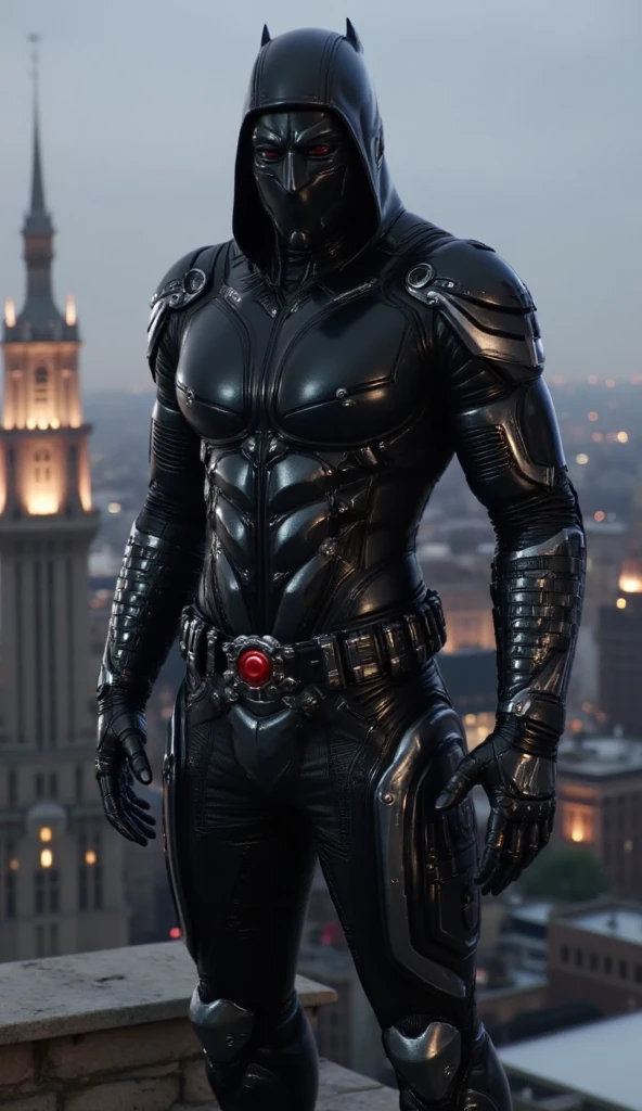 A full-body image of a muscular adult male.black leather full-body image 、face mask and mask hood, .a hooded person in invisible armor . wears leather armor, Tights.epic ninja suit, rogue.Leather fit to cover the whole body. smooth leather .Boy Teenage Assassin , stealth suit , Another World assassin , stand on the roof of a castle. . black night . Dark atmosphere .Low light.Weak lights cast dramatic shadows. Weird Another World atmosphere . Another World city. .whole body image.Handheld composite mechanical giant bow.full body photo.FANTASY.collar.Big crotch bag.tactical equipment
