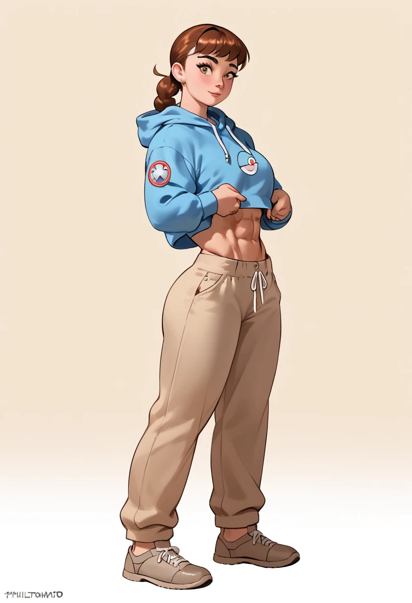 (((fullbody view))), She is ((very nerdy)) cute and shy young woman, 20 yo. She is also incredibly strong tough and durable. Great musculature with impressive definition. she's wearing a (light blue cropped hoodie) and beige ((baggy pants)), toned legs, great physique of a (female bodybuilder: 1.4)