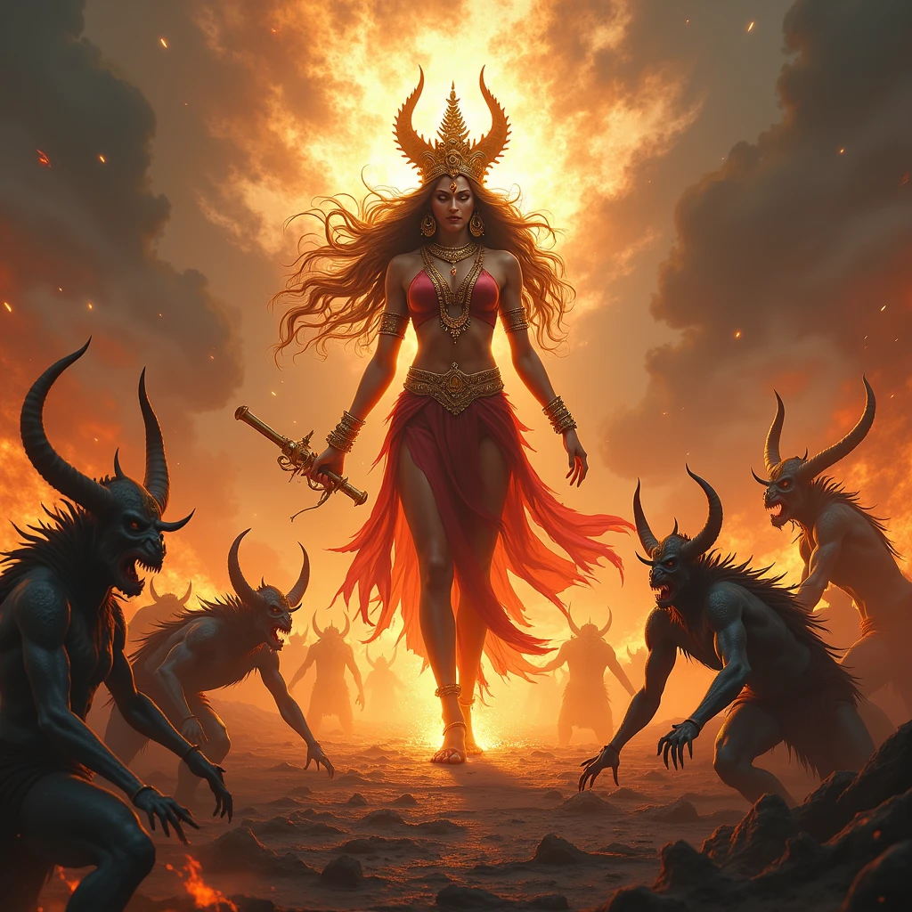 A breathtaking scene of the goddess of hell, Hecate, emerging from the fiery maw of an erupting volcano. Her ethereal form, a blend of shadow and molten lava, towers over the smoldering landscape, with arms outstretched and a crown of serpents writhing atop her fiery head. Her eyes, like twin embers, pierce the darkness, casting an eerie glow upon the billowing ash clouds that enshroud her. The volcano's crimson flares reflect off her obsidian skin, highlighting intricate patterns of glowing embers that trace the curves of her powerful body. The volcanic ash billows around her, swirling in a whirlwind of fiery destruction and rebirth, revealing a cloak made of the very fabric of the earth's core. In one hand, she wields a torch that sizzles and crackles with hellish flames, symbolizing her dominion over the underworld. The other hand clutches a skull-topped staff, a grim reminder of her role as the guide of souls through the realms of the dead. The volcano's lava flows like a river of blood at her feet, and the ground beneath her trembles with each step she takes. The sky is a tumultuous canvas of fiery oranges and deep purples, with lightning bolts streaking across the heavens, echoing the chaos of her dramatic appearance. In the foreground, petrified figures of once-brave souls stand frozen in awe and terror, their expressions captured in the moment of her terrifying revelation. The overall atmosphere is one of unbridled power and primal fear, a stark contrast to the beauty and grace of the goddess herself. The scene is so vivid and intense, one can almost feel the heat and hear the thunderous roar of the volcano as it gives birth to this terrifying yet mesmerizing deity.