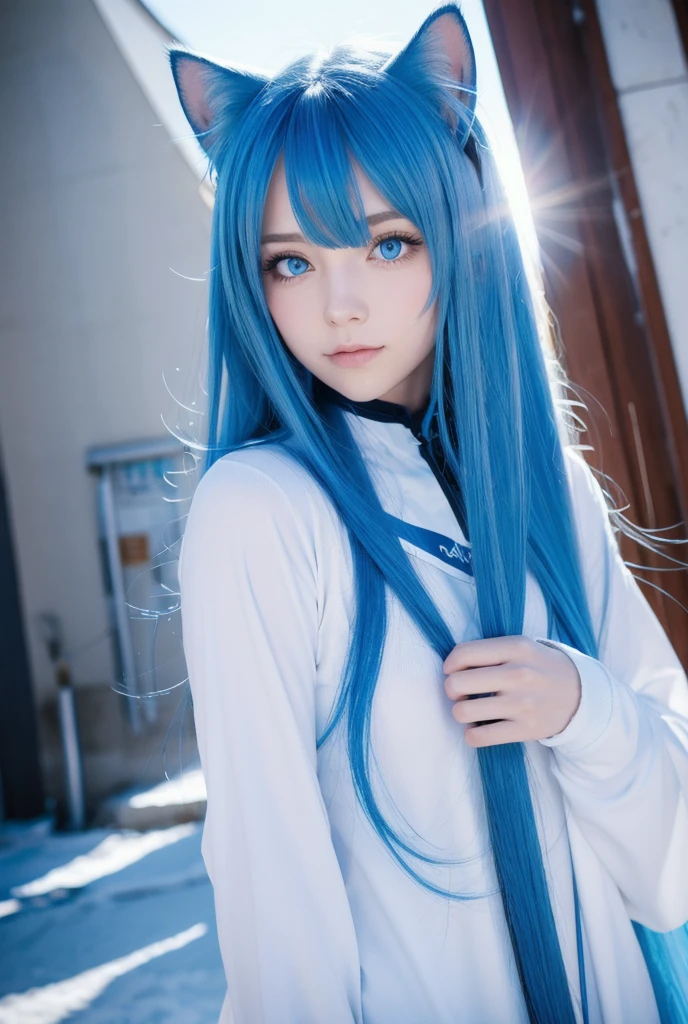 Medium blue haired girl in village lit up at night
