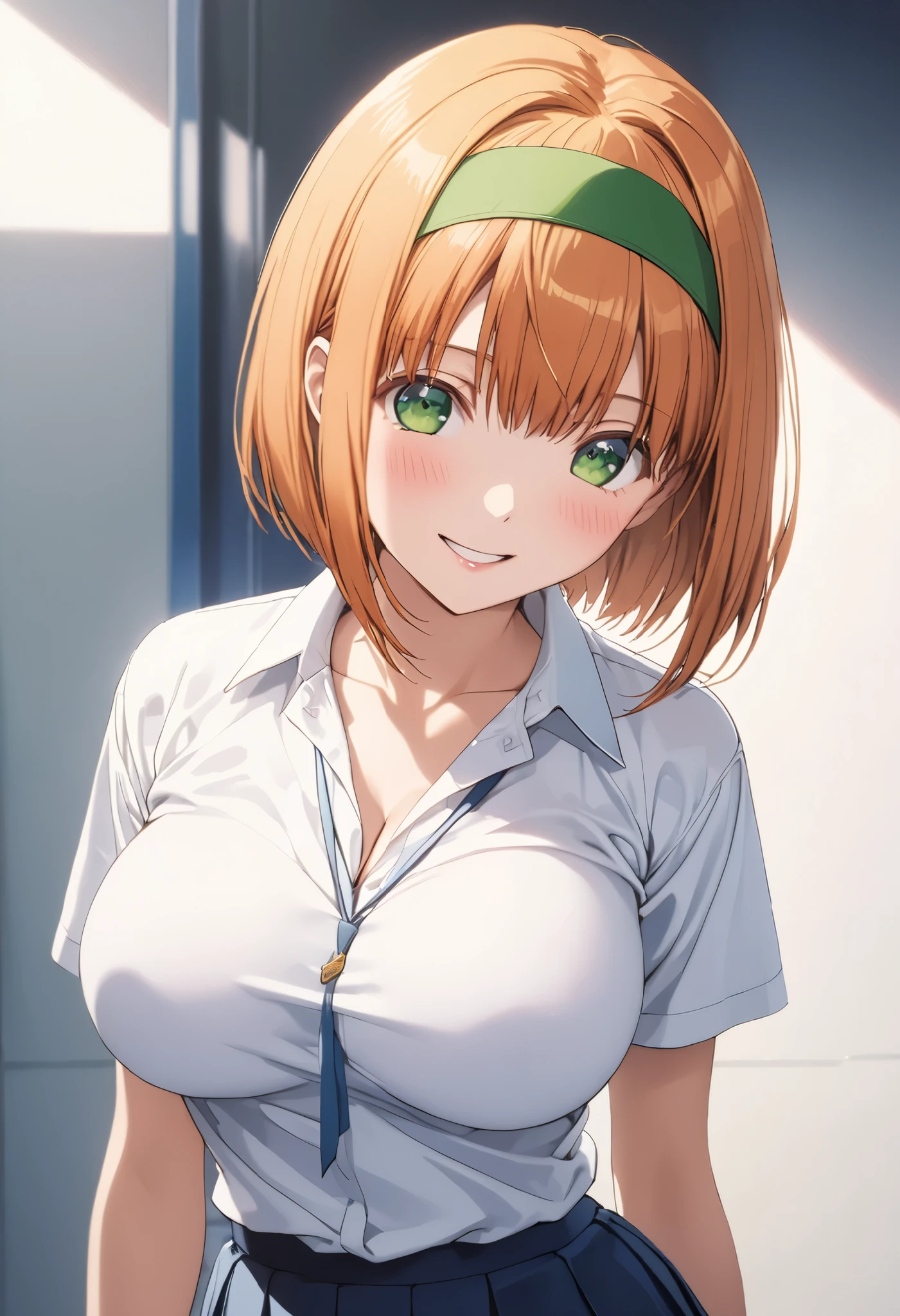 masterpiece, BestQuality, High resolution,16k,official art,super detailed skin,detailed,animated painting,(nakano yotsuba:1.3),1990s \(style\),(F-cup beautiful breasts:1.3),clevage,(tall:1.2),(height: 170cm,Fashion model body type:1.4),orange hair,bob cut hair,green headband,(highschool student uniform,white shirt,mini skirt:1.3),1girl,solo,nsfw,sexy,cool face,big laugh,shy,blush,Anime-style painting style,Close up on upper body,Cinematic lighting,Superfine,in the school,closeup