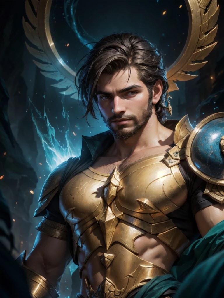 Disney style, (masterpiece), HD, 8K, detailed face, expressive eyes, perfect face, high quality, 1man, looks like Manuel Kornisiuk, fractal gauntlets, electriciy eyes, detailed crotch bulge, exposed chest, body hair, hairy chest, wizard casting a spell and purple electricity body, detailed background, depth of field, night, detailed cosmic sky, wheat field, outdoors, manuelkornisiuk person, smiling,
 