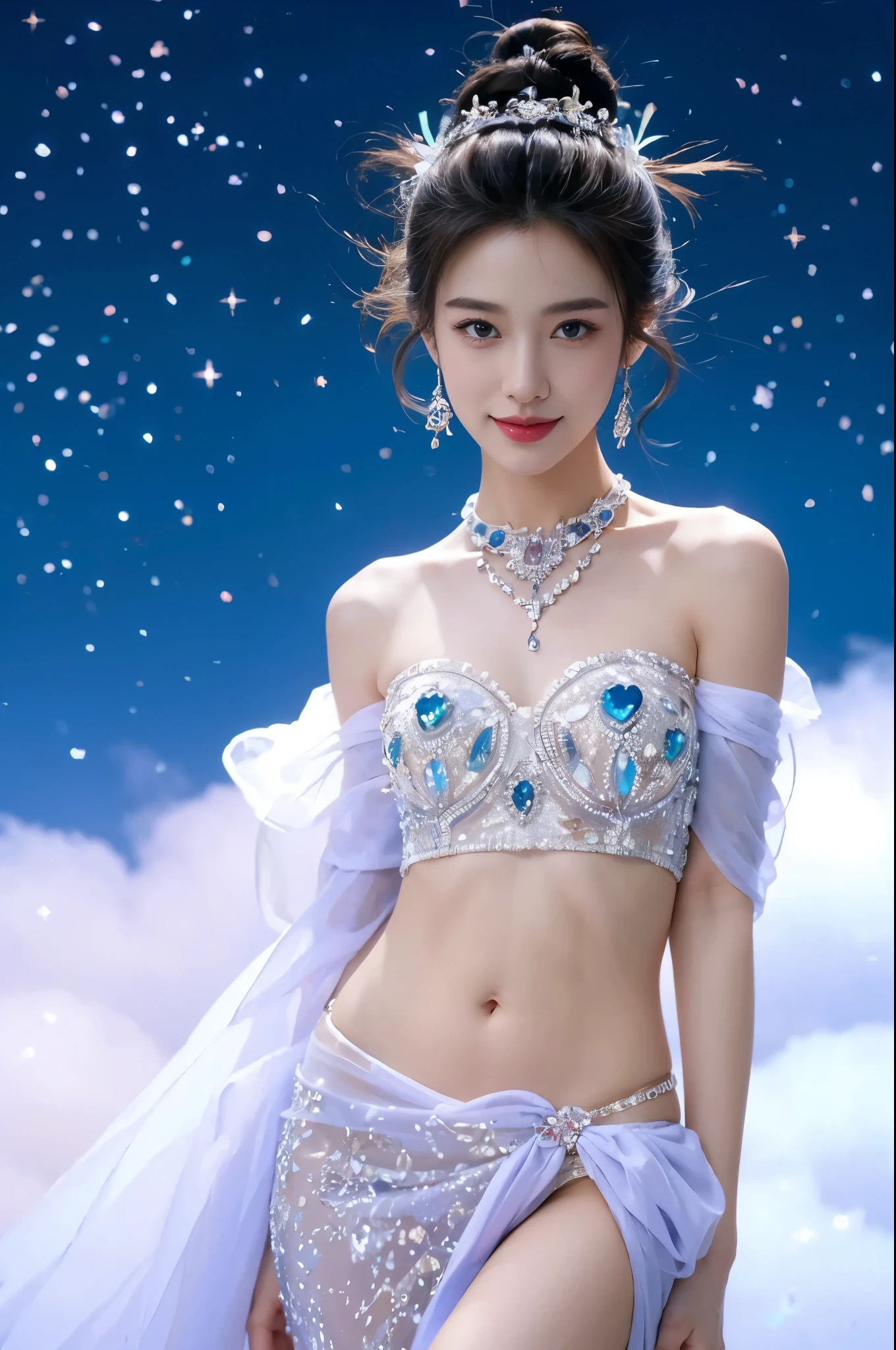 ((((8k))),((Extremely meticulous CG)) ,(wallpaper),16k,((Extremely refined and beautiful)),(((Masterpiece))),(((best qualtiy))),(((Ultra High Resolution))),beautiful light up,Perfect lightning,realistic shaded,((high resolution)),(Smooth and flawless fair skin:1.5),(pale skin:1.3),(Extremely exquisite facial details:1.2),(perfect body:1.1),(ultra-detailed),((A beautiful girl,solo)),(small head:1.2),(princess crown:1.2),(short ponytail:1.2),(small face:1.2),(baby face:1.3),(Exquisite makeup:1.2),(earrings:1.2),(crystal necklace:1.2),(small breasts:1.2),(flat chests:1.2),((slim,thin)),(happy:1.2),(smile:1.2),(strapless gorgeous bra made of blue peacock feathers:1.3),(night scene:1.5),(indoor:1.2),(In a luxurious palace:1.3),(detailed background:1.5),(standing:1.3),(close-up of face:1.3),(from front:1.3),
