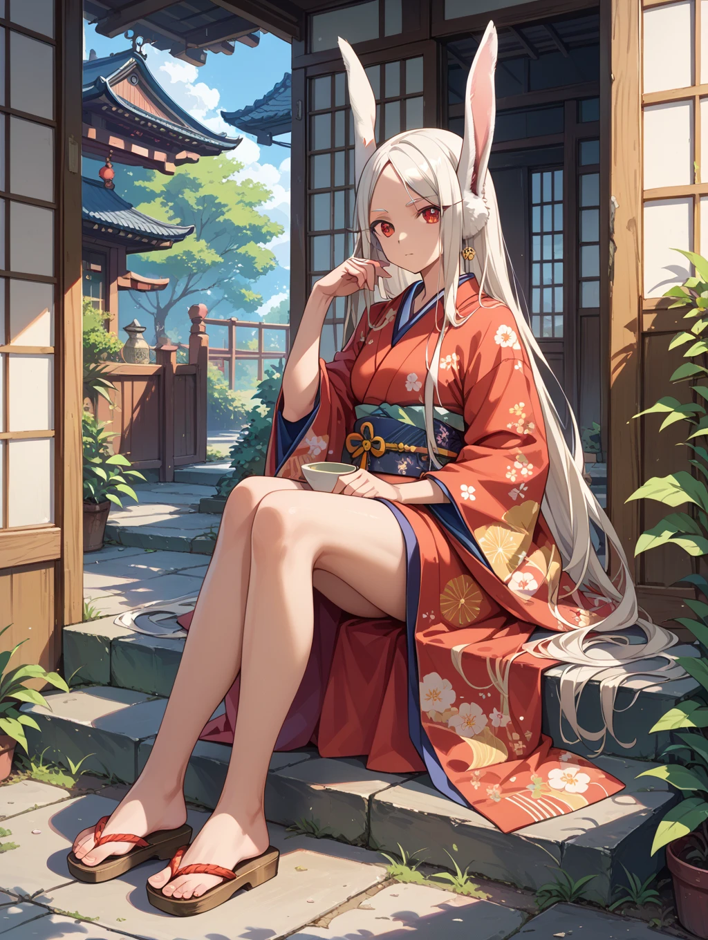 cute sister is in a round straw hut, showing feet soles,  long hair,seductiv feet, Antique Chinese Architectural Accessories,  cherry blossom trees , Meadows, Rock gardens, 