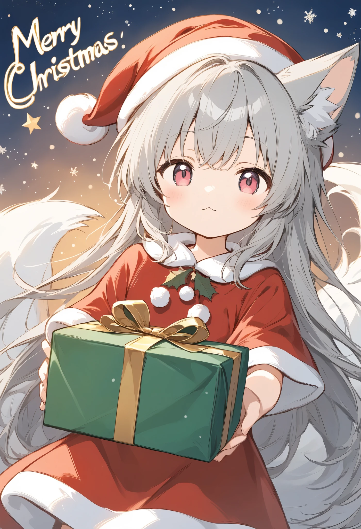 Thin and soft painting style, white fox girl, gray hair, smooth long hair, fox ears, fluffy fox tail, ruby eyes, slanted eyes, cute, :<, Merry Christmas, Santa Claus costume, Santa Claus hat, holding a present and smiling broadly, happy with the present, cute, wagging the tail