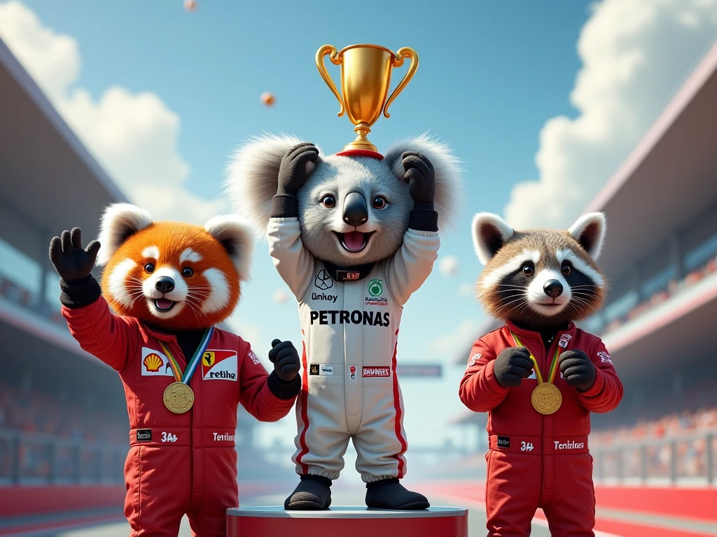 (photorealistic),(レーシングスーツを着て　トロフィーを掲げて　F1GPの表彰台で祝福される動物たち),(優勝はコアラ　準優勝はレッサーパンダ　3位はアライグマ),記者たちのカメラのフラッシュ