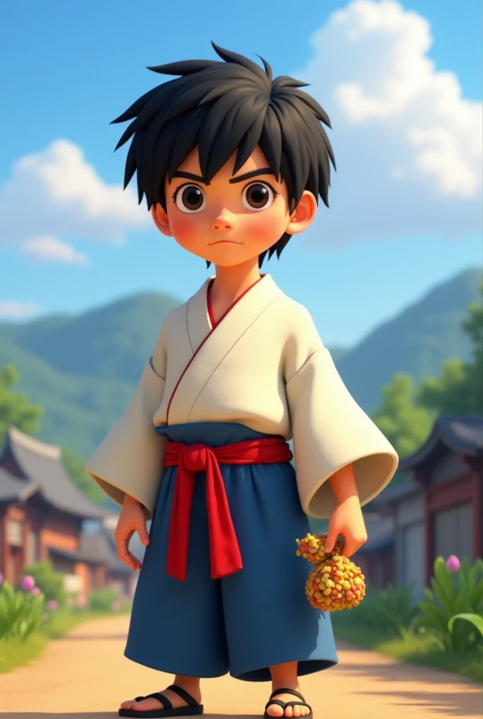 Little Boy、4 year old boy、Standing posture、Landscape、wearing a costume、Kumatori face in Kabuki(Draw a red line on white paper)、Kabuki Stage、Bright lighting、Red light up from the side、