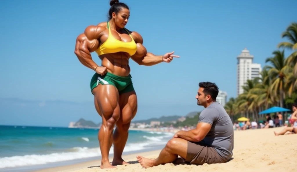 ((best quality)), ((masterpiece)), (detailed), giant woman with long hair, harsh expression, Latina beauty, 35 year-old woman, (((huge sagging breasts))), stern face, (((muscular body))), ((curvy figure)), spreading legs, (muscular thighs), looking down, ((long natural breasts)), (((firm natural breasts)))