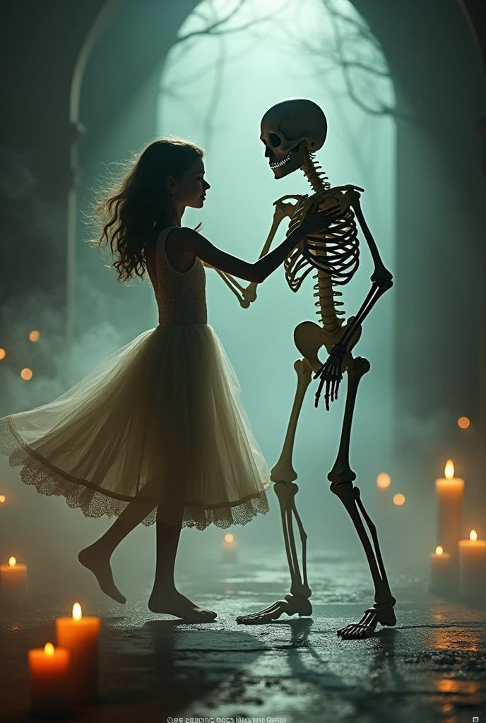 A photo in a realistic style，Showing a young girl dancer dancing Bachata with a human skeleton。Girl wearing bright dance costume，Long hair fluttering，expression full of passion。Her dance partner is a carefully rendered human skeleton，Wear traditional Bachata dance shoes。The scene is set in a cozy dance studio，Soft dance floor lights illuminate their steps。In the background，The smooth music melody and the unique atmosphere of Bachata dance permeate the entire scene。Image captures girl and skeleton&#39;s dance moves in realistic detail，Convey a unique and unforgettable emotion