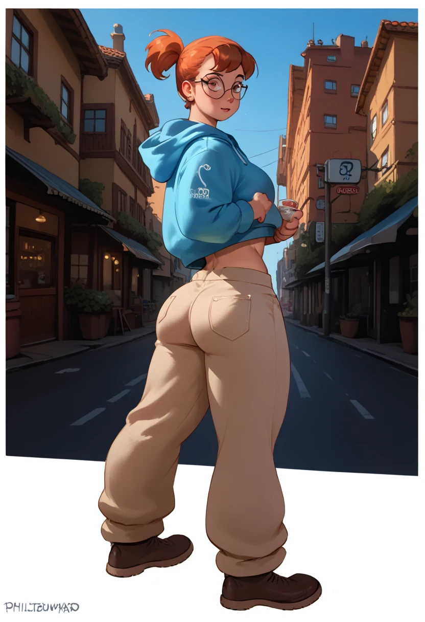 (((fullbody view))), She is ((very nerdy)) cute and shy young woman, 20 yo. She is also incredibly strong tough and durable. Great musculature with impressive definition. she's wearing a (light blue cropped hoodie) and beige ((baggy pants)), toned legs, great physique of a (female bodybuilder: 1.4)