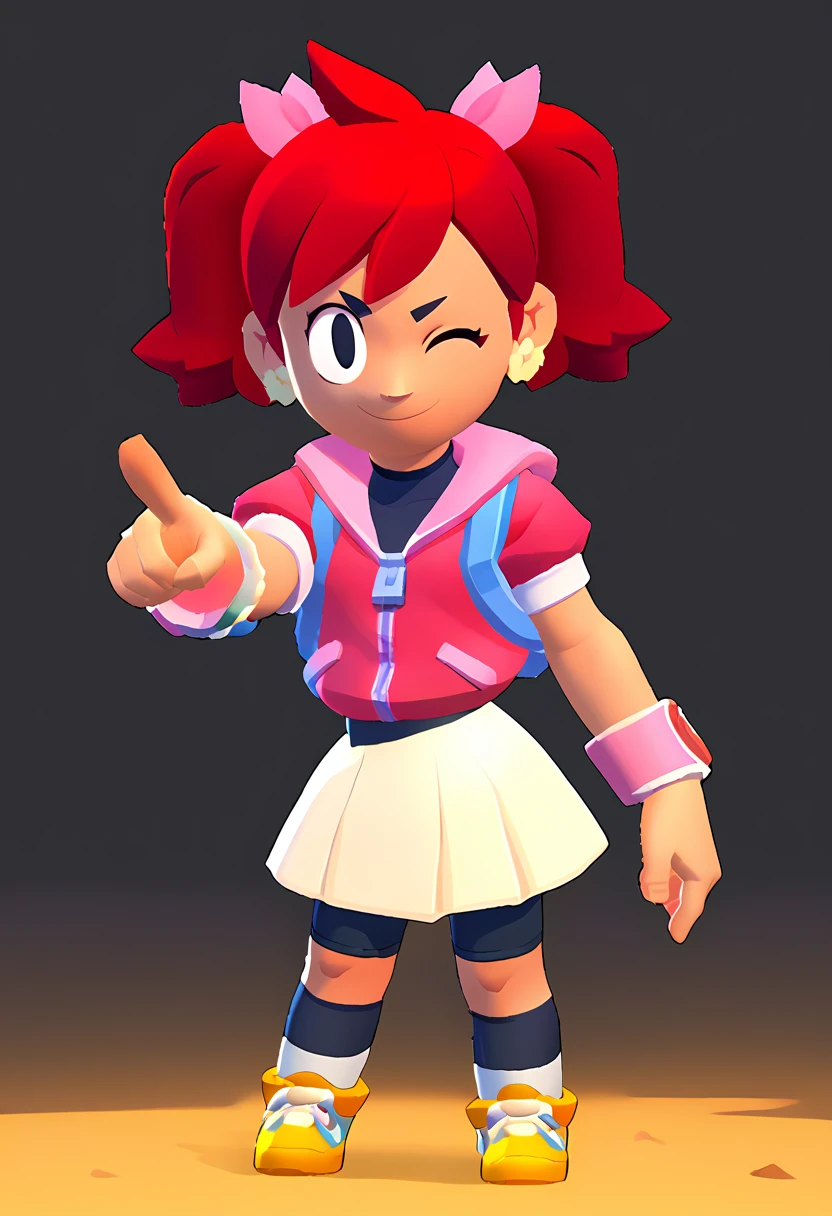 1girl Sayaka (サヤカ) (Yumi)  Ape Escape 3 (サルゲッチュ3) , red hair, twintails, black eyes, hair bow, pink hoodie, short sleeves, wristband, white skirt, bike shorts, socks, sneakers, outdoors, standing, pointing at viewer, wink, masterpiece, smiling, open eyes, 