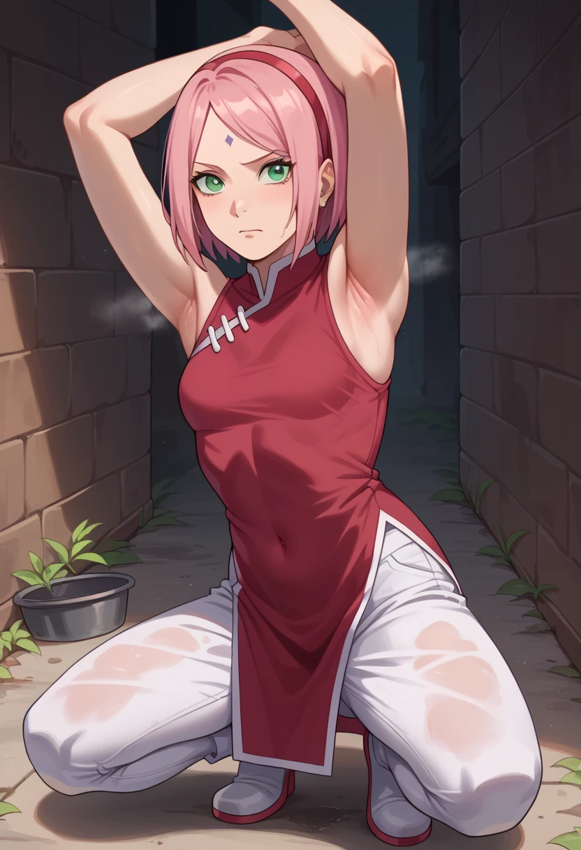 score_9, score_8_up, score_7_up,,nsfw, 1girl, Haruno Sakura, pink hair, short hair, green eyes, forehead mark, hairband,
red sleeveless dress, navel, small breasts, white pants,In a dirty alley  ,Armpit,Armpit wrinkles,Armpit smell,Armpit juice,arms up,stretch, is seducing,(beautiful body),Squat down, 