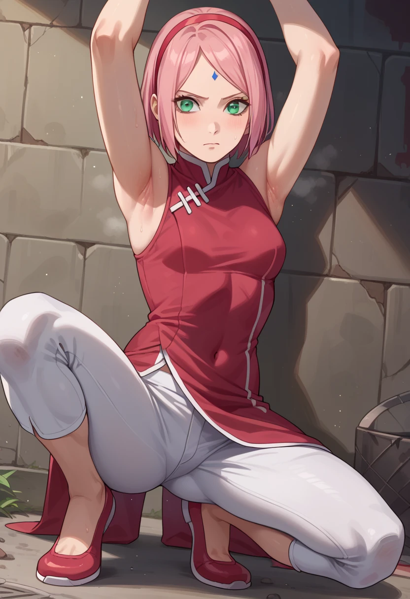 score_9, score_8_up, score_7_up,,nsfw, 1girl, Haruno Sakura, pink hair, short hair, green eyes, forehead mark, hairband,
red sleeveless dress, navel, small breasts, white pants,In a dirty alley  ,Armpit,Armpit wrinkles,Armpit smell,Armpit juice,arms up,stretch, is seducing,(beautiful body),Squat down, 