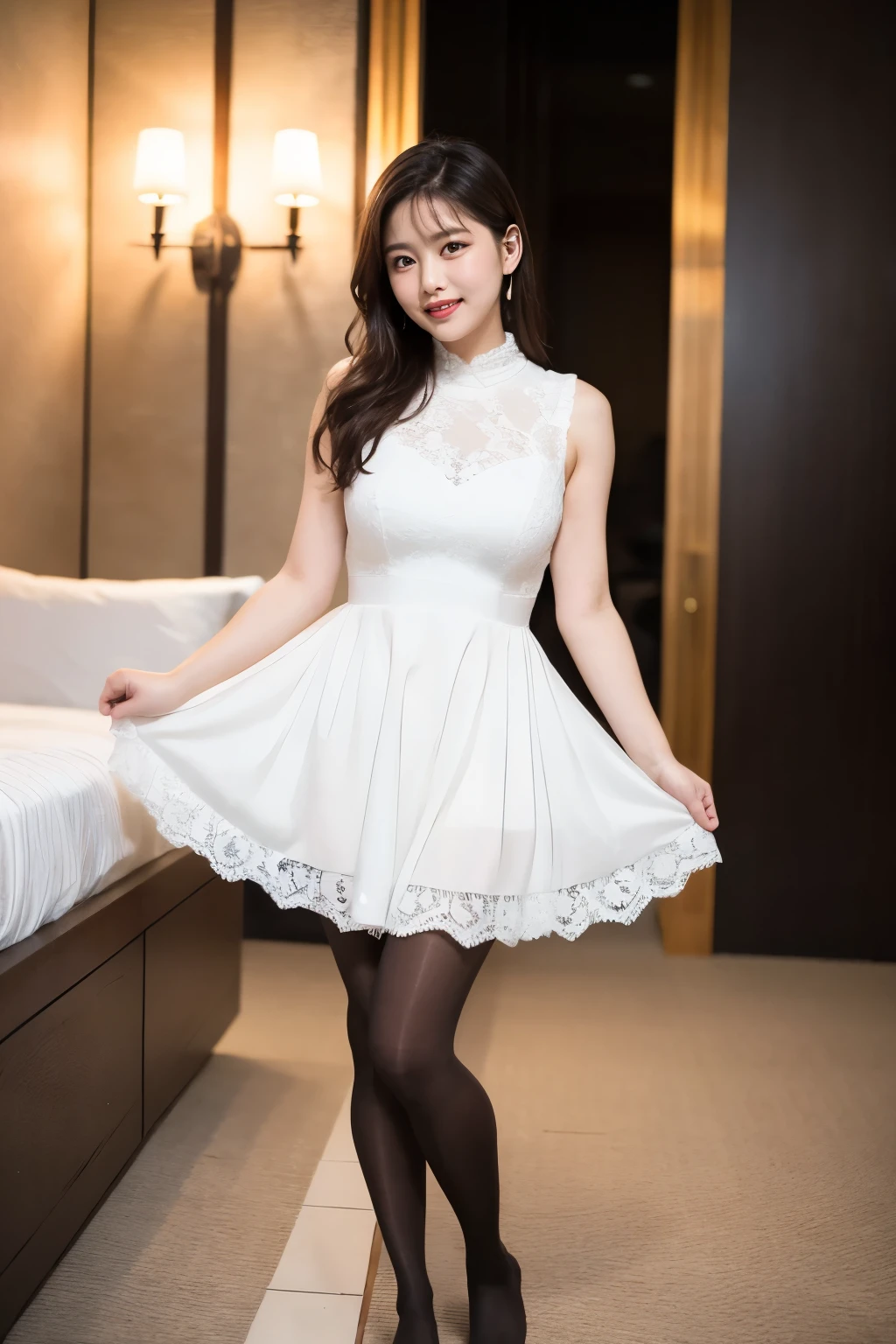 (((masterpiece))), (((Highest quality: 1.4))), ((Super detailed: 1.4)) ,　beautiful girl, Brown eyes, Beautiful 18 year old girl, hair color [Brown highlights hair], [Undercut Pixie] hair, short hair, lips, Realistic, Tight waist, Charm, pink lipstick, Colorful Makeup, Long eyelashes, Fair skin, (cute), (Detailed face), Fine grain, Detailed Iris,  Grin, (Prom Dresses, Ultra-realistic pantyhose), (Full Body Shot:1.4)