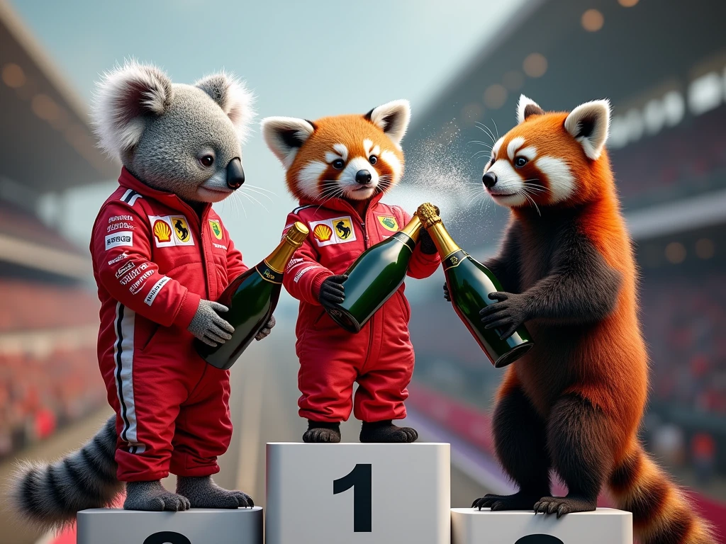 (photorealistic),( animals that wear racing suits and pour champagne on each other on the F1 GP podium),(The winner is a koala 　 and the runner-up is a red panda 　 the 3rd place is a raccoon ), the reporters' camera flash 