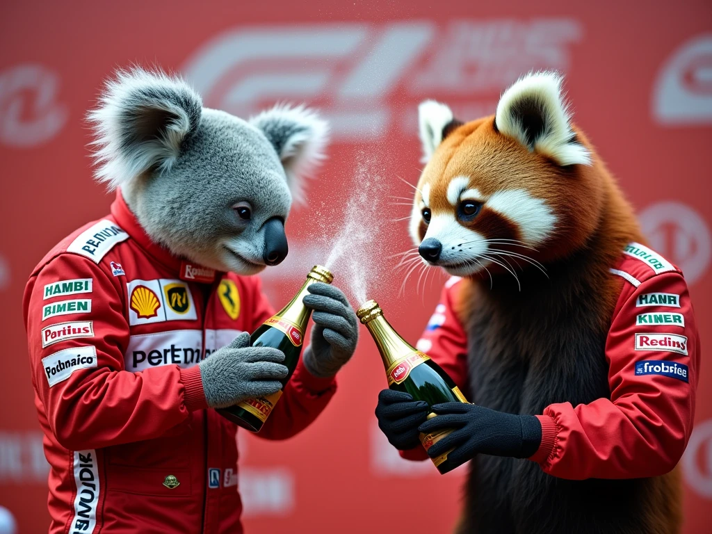 (photorealistic),( animals that wear racing suits and pour champagne on each other on the F1 GP podium),(The winner is a koala 　 and the runner-up is a red panda 　 the 3rd place is a raccoon ), the reporters' camera flash 