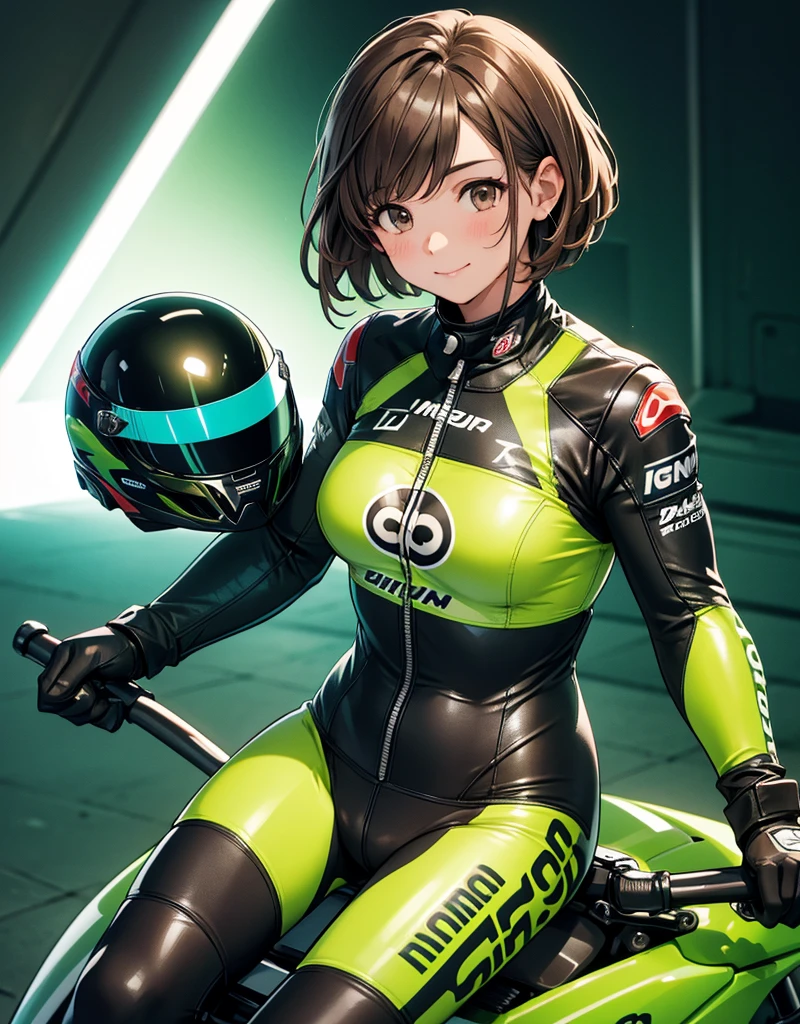  One girl , solo,  high res, chest,  blush,  smiles,  short hair , bangs,  brown eyes,  high res, masterpiece, accurate,  anatomically correct,  wins numerous awards, 最 High Quality , high detail,  high definition model ,  High Quality ,  retina,  very detailed,  Ultra Fine, Brown Hair, standing, ((( GREEN LEATHER RACING SUIT ))), circuit field background , GREEN SPORTS BIKE ,  wear a green racing suit all over, Leather gloves,  open your mouth and laugh, Highlight the whole body,  don't reveal your skin, During a circuit race, Motorcycle circuit , motorcycle circuit,  racing suit with sponsor logo , ( One girl , Well-proportioned body,  cute face,  short hair:1.2), (最 High Quality ,  high res,  ANIME STYLE,  Motorsports rider with digital drawing mode  ,  realistic :1.1), MotoGP rider,  pose beside a Moto GP bike with a helmet in hand,  depth of field ,  Circuit Background ,  detailed texture with helmet in hand