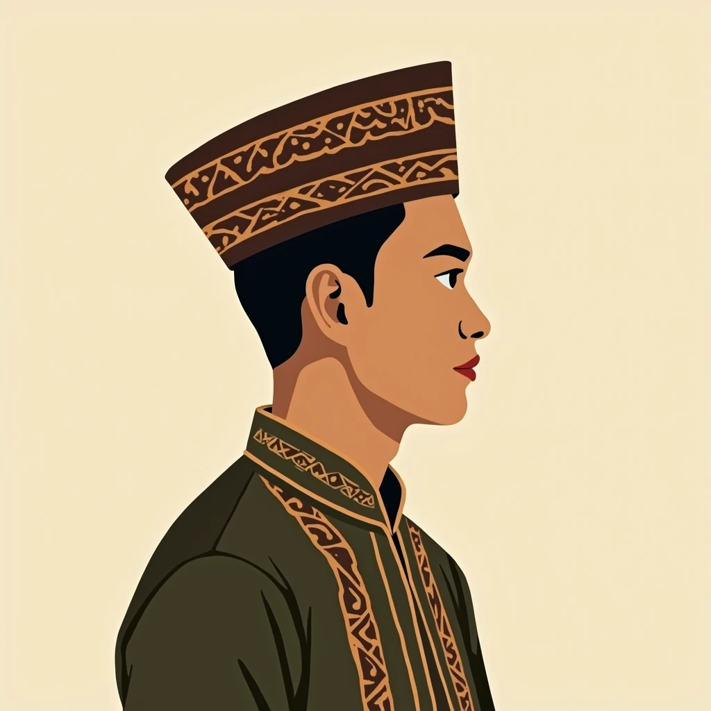 man in malaysian folk outfit, vector graphics, strong contours
