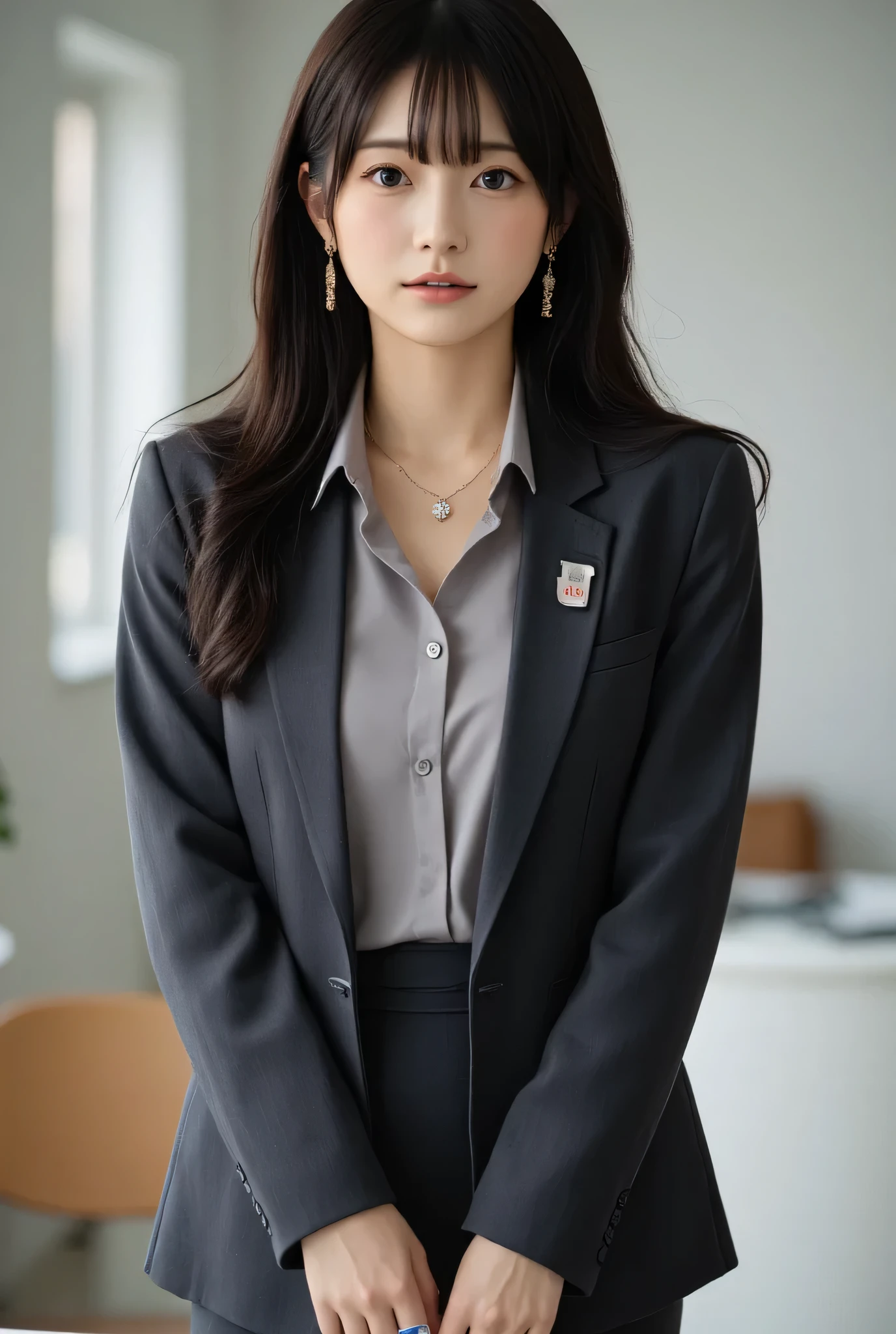  Attractive  ,   High Quality Picture of a Mature Office Lady.  top quality ,   Fine Eye and Skin Details  ,  soft room lighting , 28 years old,  Japanese ,  dark eyes, direct line of sight,   Long Black Hair , Slightly wavy,  Moderate bust , Well defined lips,  earrings for women with first name,  necklace,  Dark Grey Tight Suit ,  Light Grey Blouse ,  miniskirt, heels, Name tag,  Long Sleeve ,  office room ,  Executive Style ,  Standing by a Desk with Long Black Hair  ,  Hips Slanted Slightly  , Holding a pen,  viewers, confident,  calm,   from the front  ,  waist up like a fairy.
