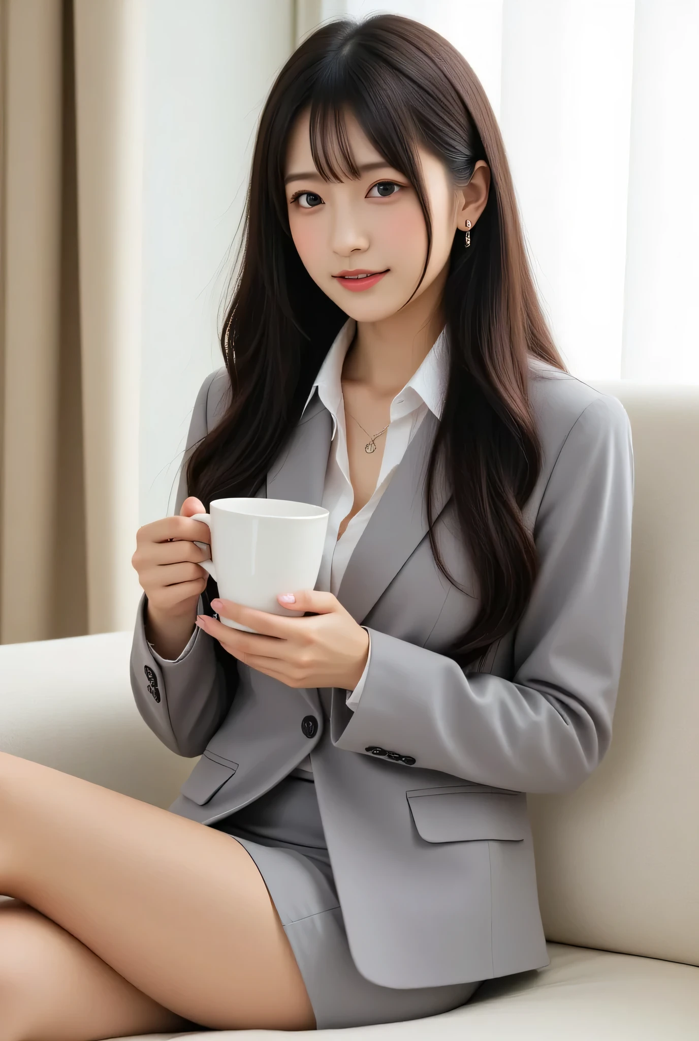  Elegant ultra-photorealistic image,  Relaxed office lady with long black hair .  top quality ,   Fine Eye and Skin Details  , Warm indoor lighting , Age 27,  Japanese ,  dark eyes,   Long Black Hair , Loose waves,  Moderate bust ,  soft lips ,  earrings for women with first name,  necklace, Light grey tight suit, Silk blouse,  miniskirt, Low heels,  Long Sleeve , Office lounge area ,  sitting on the couch , Holding a tea cup,   Friendly Smiles , from side,  full body .