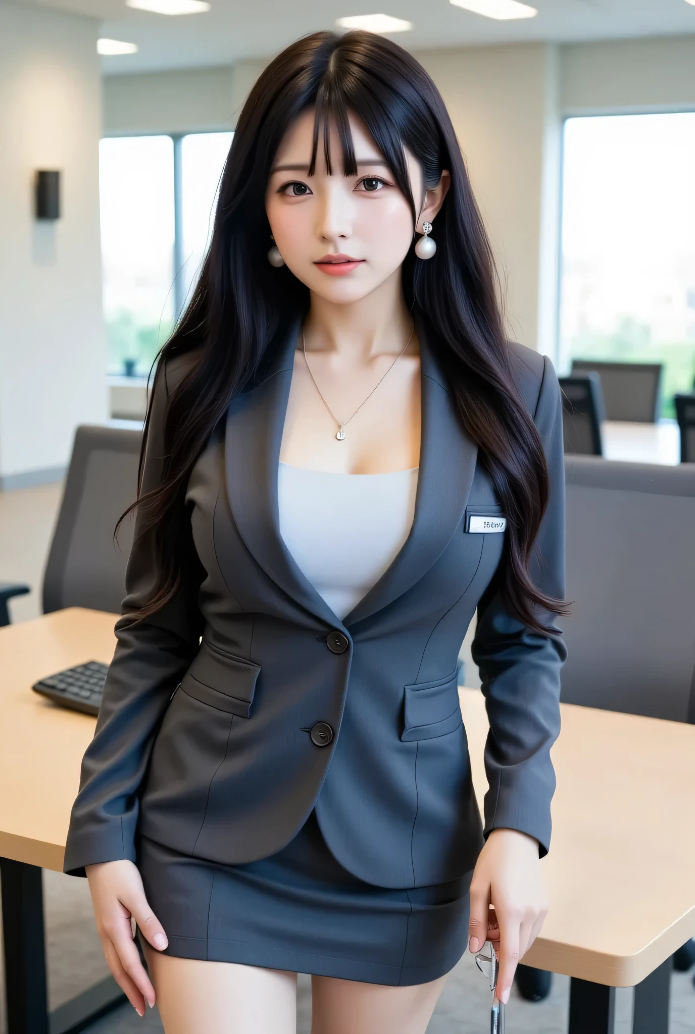  Attractive  ,   High Quality Picture of a Mature Office Lady.  top quality ,  Eye and skin details ,  soft room lighting , 28 years old,  Japanese ,  dark eyes, direct line of sight,   Long Black Hair , Slightly wavy,  Moderate bust , Well defined lips,  earrings for women with first name,  necklace,  Dark Grey Tight Suit ,  Light Grey Blouse ,  miniskirt, heels, Name tag,  Long Sleeve ,  office room ,  Executive Style ,  Standing by a Desk with Long Black Hair  ,  Hips Slanted Slightly  , Holding a pen,  viewers, confident,  calm,   from the front  ,  waist up like a fairy.