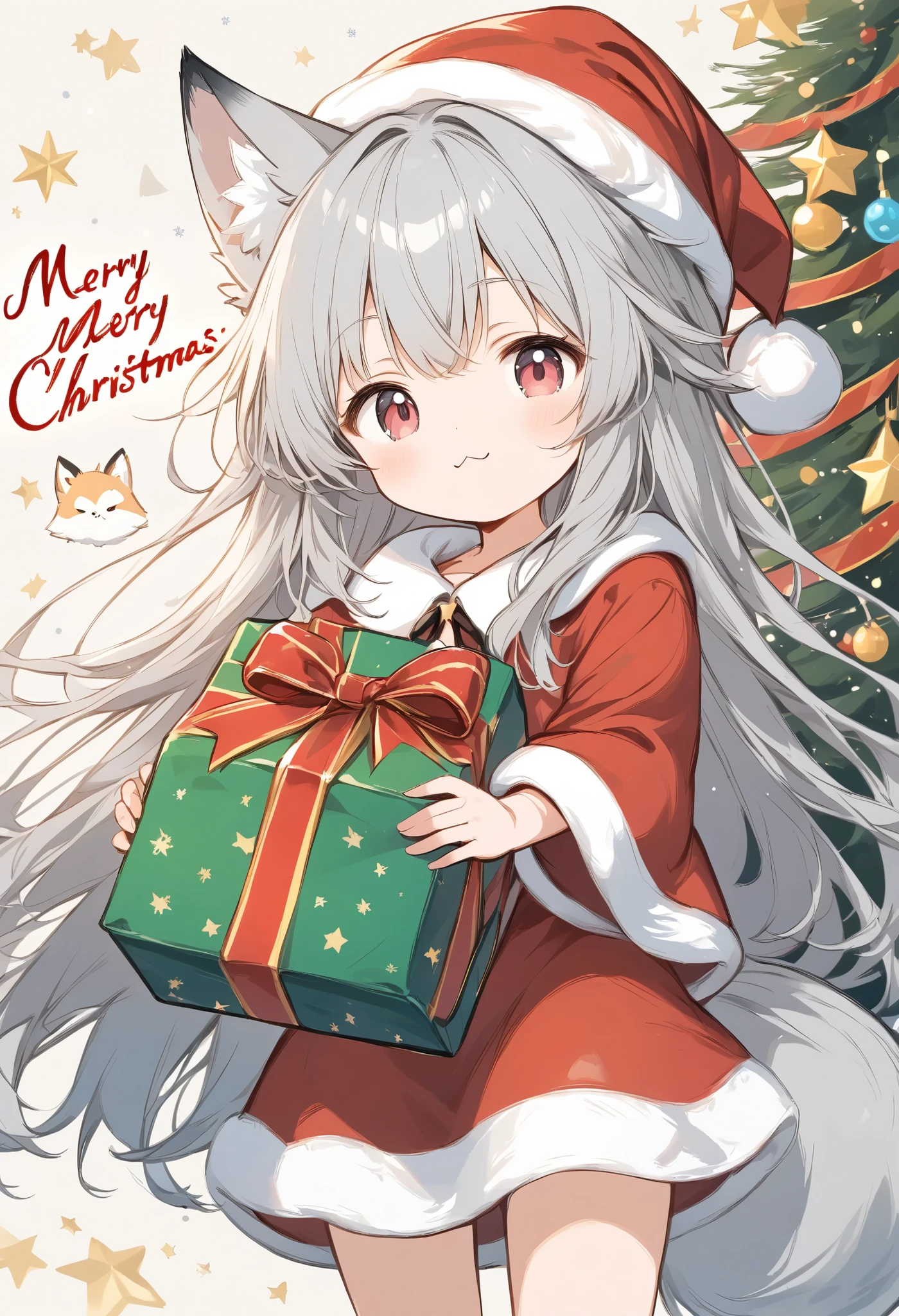 Thin and soft painting style, white fox girl, gray hair, smooth long hair, fox ears, fluffy fox tail, ruby ​​eyes, slanted eyes, cute, :<, Merry Christmas, Santa Claus costume, Santa Claus hat, holding a present and smiling broadly, happy with the present, cute, wagging the tail