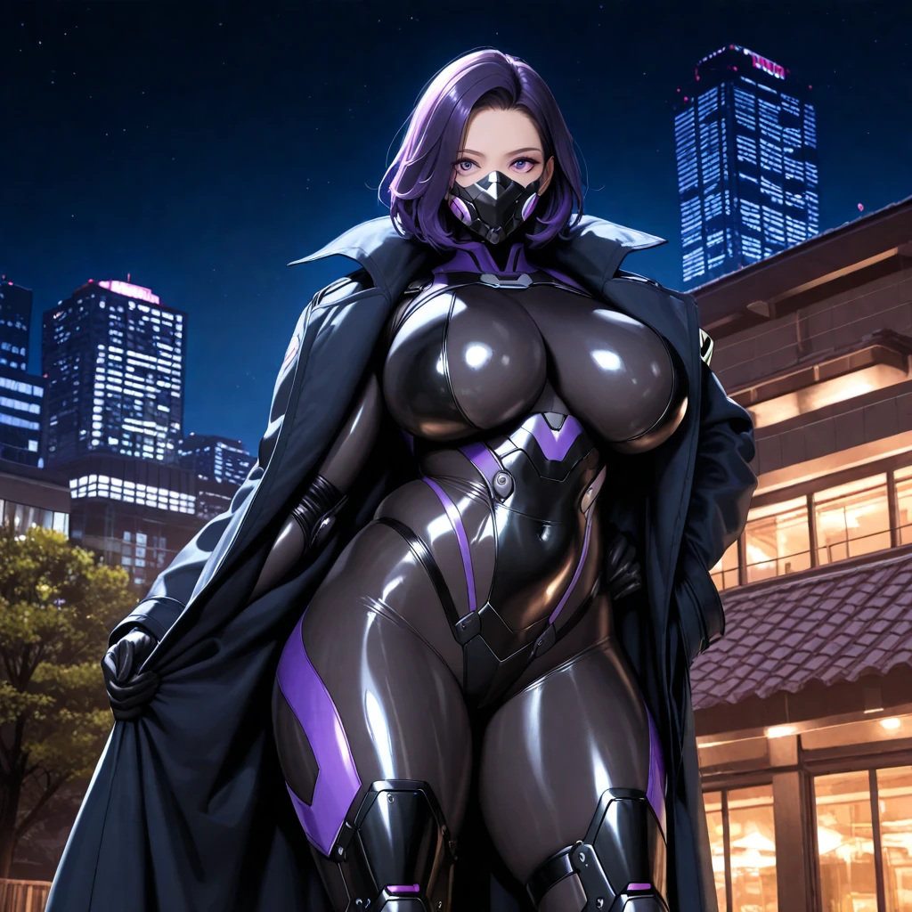  accurate human body、 anatomically correct、５ Fingers,Night City、 building roof、Vigilante 、Super hero,  mature woman 、huge tits、huge hip、 medium hair、 plump 、 muscular、anger、Tree Eyes、Purple Hair、 shiny skin 、 gray bodysuit 、 OVERSIZE TRENCH COAT、TWIN ROD 、、Elbow pads、Shin Guards、Thighs、Ready for battle、huge breasts,mouth mask