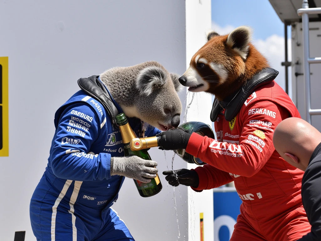 (photorealistic),( animals that wear racing suits and pour champagne on each other on the F1 GP podium),(The winner is a koala 　 and the runner-up is a red panda 　 the 3rd place is a raccoon ), the reporters' camera flash 