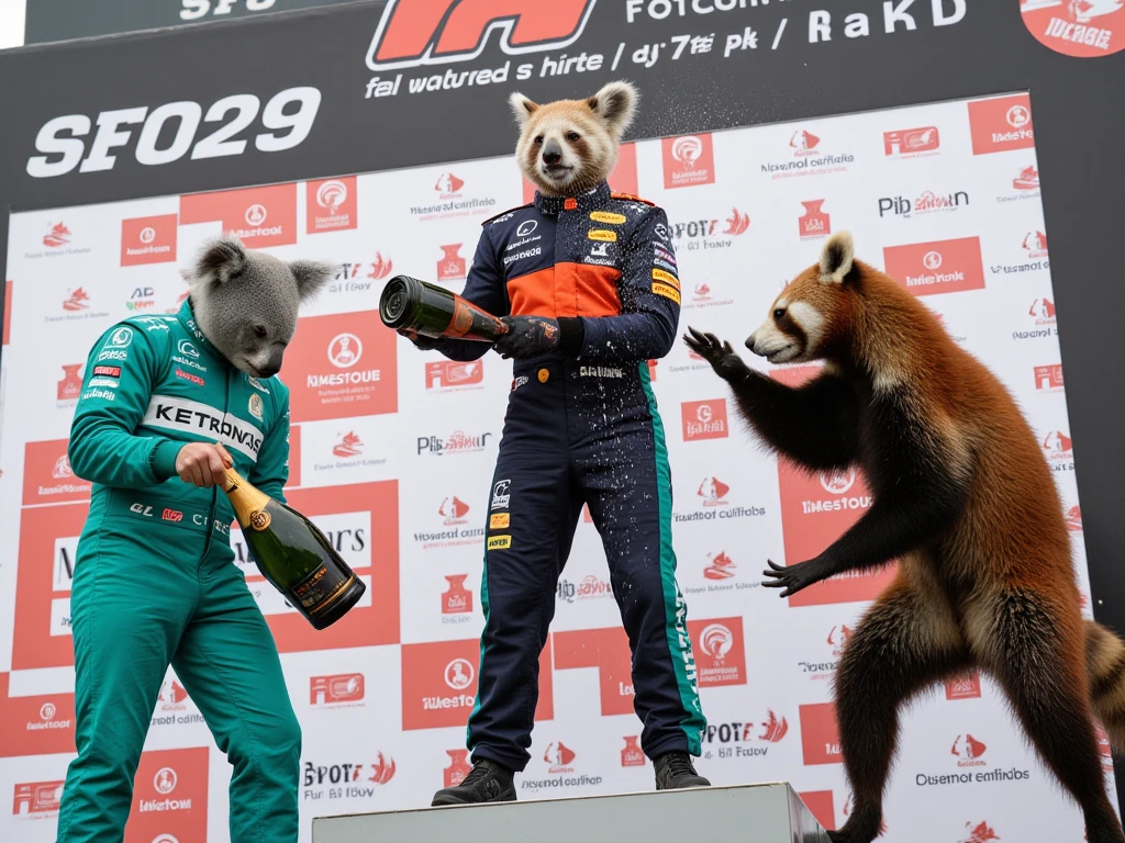 (photorealistic),( animals that wear racing suits and pour champagne on each other on the F1 GP podium),(The winner is a koala 　 and the runner-up is a red panda 　 the 3rd place is a raccoon ), the reporters' camera flash 