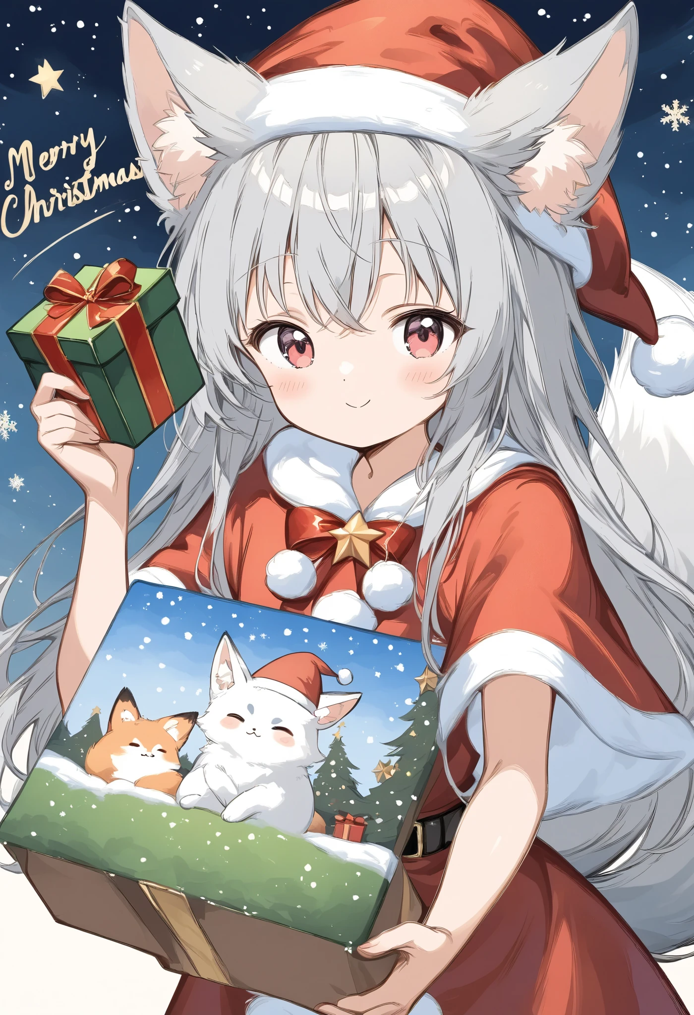 (Thin and soft painting style:1.8), white fox girl, gray hair, smooth long hair, fox ears, fluffy fox tail, ruby ​​eyes, slanted eyes, cute, :<, Merry Christmas, Santa Claus costume, Santa Clas hat, holding a present and smiling broadly, happy with the present, cute, wagging the tail