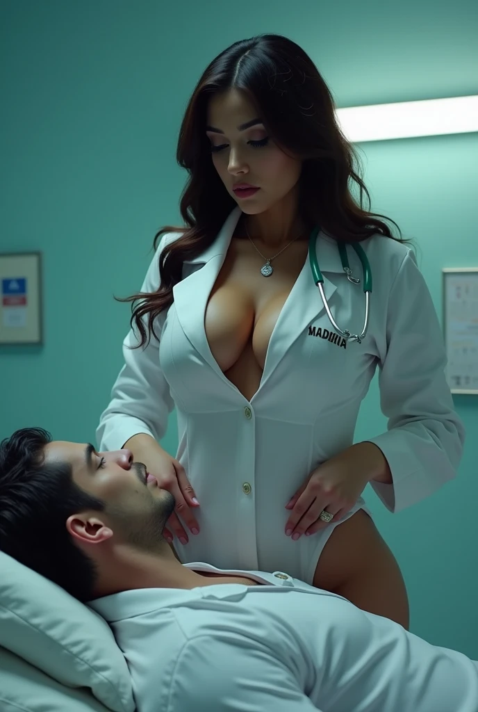 Sexy male doctor kissing busty nurse, hospital,lip locking, full body 