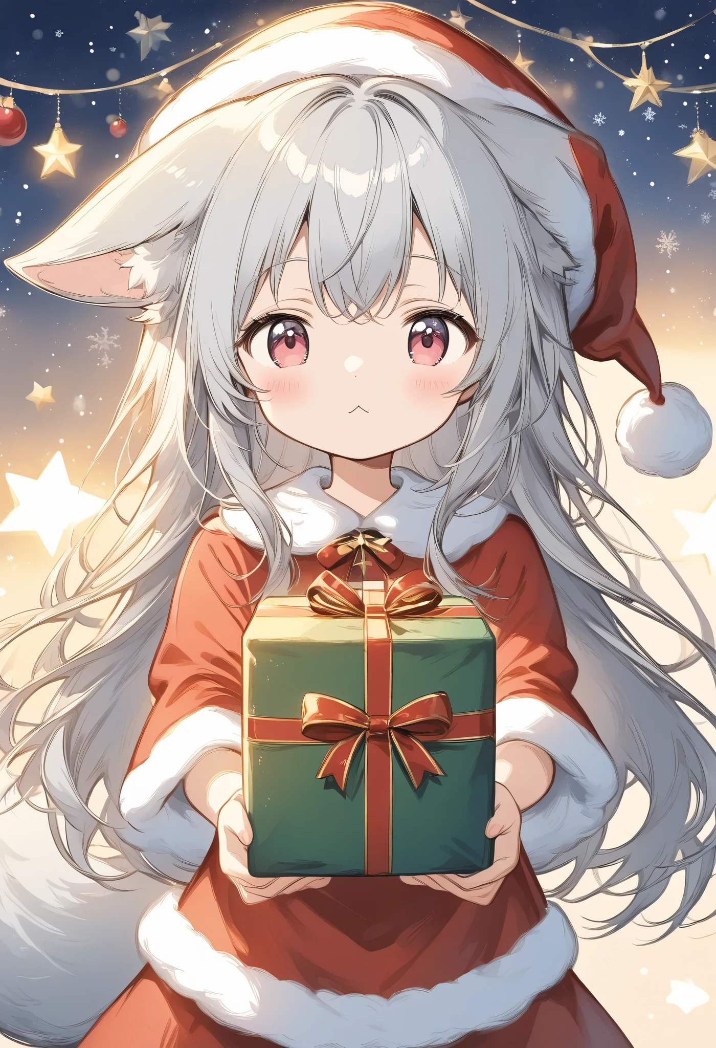 (Thin and soft painting style:1.8), white fox girl, gray hair, smooth long hair, fox ears, fluffy fox tail, ruby eyes, slanted eyes, cute, :<, Merry Christmas , Santa Claus costume, Santa Clas hat, holding a present and smiling broadly, happy with the present, cute, wagging the tail、Light effects