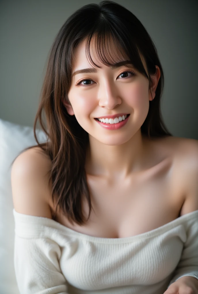 (((top-down configuration:1.4))), (best quality:1.4), (ultra highres:1.2), (photorealistic:1.4), (16k, RAW photo:1.2), (portrait shot:1.3), professional lighting, Japanese goddess, gravure, detailed face and skin texture, detailed eyes, looking at camera, nsfw, beautiful eyes, detailed eyes, beautiful face, detailed face, ((smile:1.3)), (highest quality), glowing skin, (smooth lighting:1.2), (cinema lighting:1.2), (brown long hair), (bangs:1.4), ((off shoulder:1.2)), (bare shoulder:1.2), ((emphasize cleavage:1.7)), (large breasts:1.4), ((tits to tits)), ((white sweater:1.3)), (bare thighs:1.2), (white thighs:1.1), sitting down, seiza, (leaning forward), (hands on knee), from slightly above