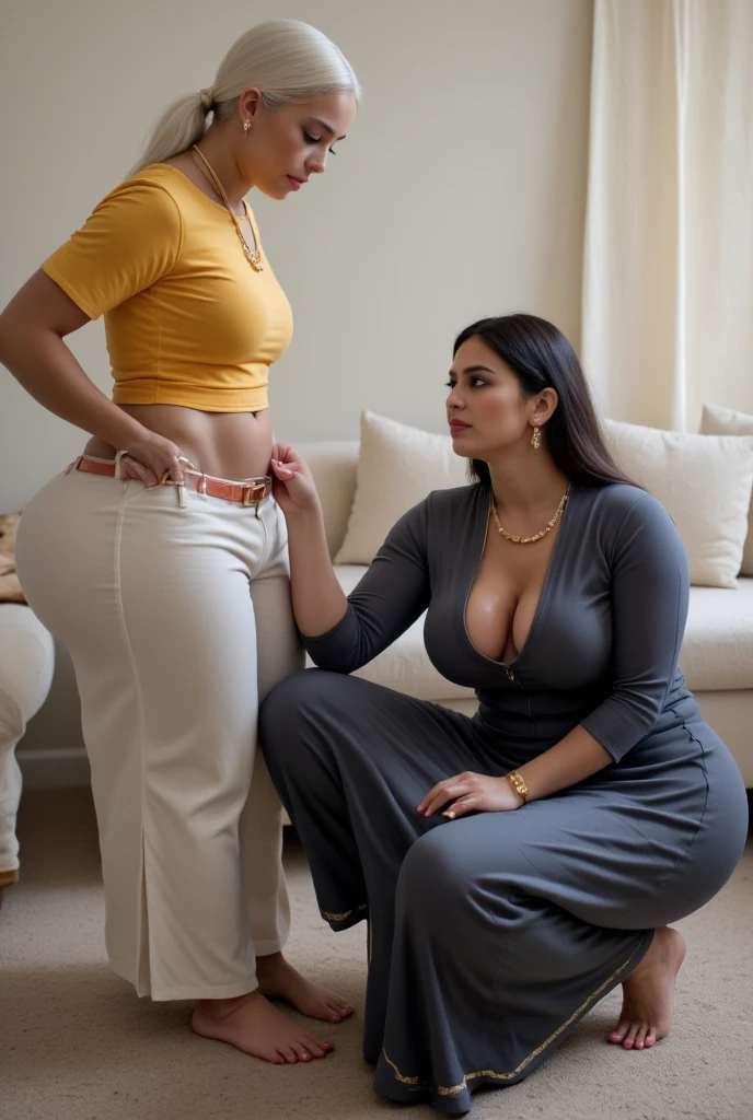 An nelderly indian man stands with penis bulge in his pants, positioned in a side pose, his body lit by soft, natural light. Beside him, a busty indian girl sitting on the floor on her knees. her gaze directed towards the man. She is dressed in random darker shade body-hugging salwar kameez with long, wavy brown hair cascading over her shoulders. She has firm Large breasts that dominate her upper body frame and fill up her entire chest with a bulging cleavage.The kameez (tunic) has a simple yet seamless design, featuring three-quarter sleeves with thin smooth gold border detailing at the cuffs and hemline. The neckline is cut in a deep U-shape scoop that creates a tantalising cleavage. The kameez is fitted, creating a contrast between her petite waist and massively bust. The scene is set in a neutral, well-lit space of an indian household, with a balanced composition that highlights the contrast between their forms.,iPhone Photography 