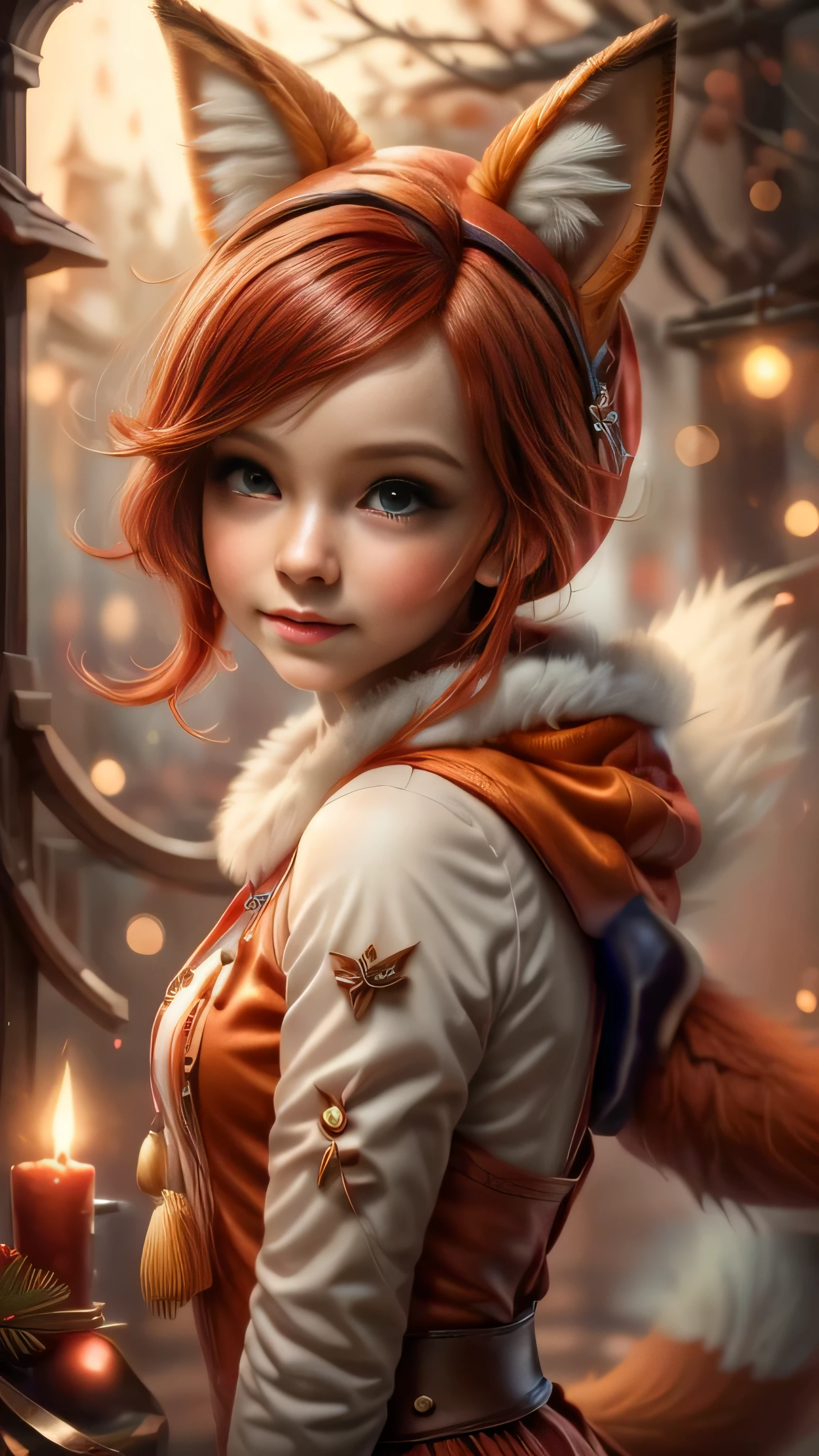 (Best Quality, Super Detail, Masterpiece, Representative Work, Official Art, Professional, Super Fine Detail, 8k:1.3), (Full Body) a doll with red hair and a fox ears, portrait of a goth foxgirl, dollpunk, artdoll, [ trending on cgsociety ]!!, beautiful young foxgirl, wlop loish and clamp style, cgsociety ), cgsociety - w 1 0 2 4 - n 8 - i, cgsociety 9, bjd, cgsociety, Cute girly face, red hair, ((brown)) eyes, 1 girl 25 years old, fox costume, hood, fox tail, furry, girl in furry costume, Vivid colors, Red hair, Innocent expression, Playful features, Christmas background, Natural Lighting, Soft background, Photorealistic, Sparkling eyes, Sharp focus, Glowing skin, Cute and mischievous look, Hint of mischief, Dreamy atmosphere, Delicate details, Soft ambient light, (Backlight:1.3), (Cinematic:1.2), Intricate details, (ArtStation:1.3)