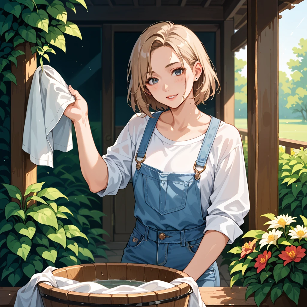 masterpiece, best quality, high resolution, absurdres, incredibly detailed, flawless, score_9, score_8_up, score_7_up, score_6_up, score_5_up, score_4_up, 1girl, young woman, shoulder-length hair, light brown hair, gentle smile, wearing a casual outfit (white blouse and light blue jeans), washing white sheets by hand in a wooden washbasin or hanging them on a clothesline, sleeves slightly rolled up for work, clean and fresh appearance, outdoor setting in a sunny backyard or garden, surrounded by greenery and blooming flowers, white sheets fluttering in the breeze on a clothesline, dynamic composition with focus on the woman and the flowing sheets, soft natural lighting with warm tones; sunlight filtering through trees creating dappled shadows; gentle breeze effect on the sheets, realistic art style with a touch of romanticism; bright and cheerful atmosphere,