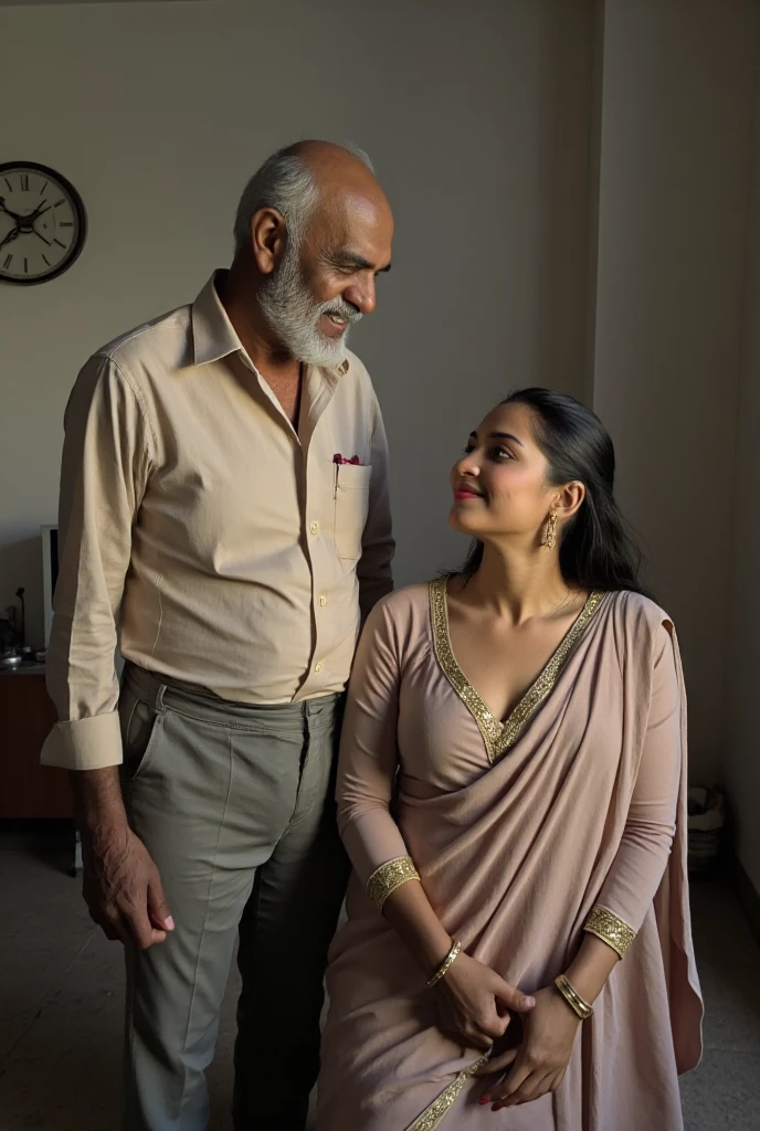 elderly indian man stands with penis bulge in his pants, positioned in a side pose, his body lit by soft, natural light. Beside him, a busty indian girl sitting on the floor on her knees. her gaze directed towards the man. She is dressed in random darker shade body-hugging salwar kameez with long, wavy brown hair cascading over her shoulders. She has firm Large breasts that dominate her upper body frame and fill up her entire chest with a bulging cleavage.The kameez (tunic) has a simple yet seamless design, featuring three-quarter sleeves with thin smooth gold border detailing at the cuffs and hemline. The neckline is cut in a deep U-shape scoop that creates a tantalising cleavage. The kameez is fitted, creating a contrast between her petite waist and massively bust. The scene is set in a neutral, well-lit space of an indian household, with a balanced composition that highlights the contrast between their forms.,iPhone Photography