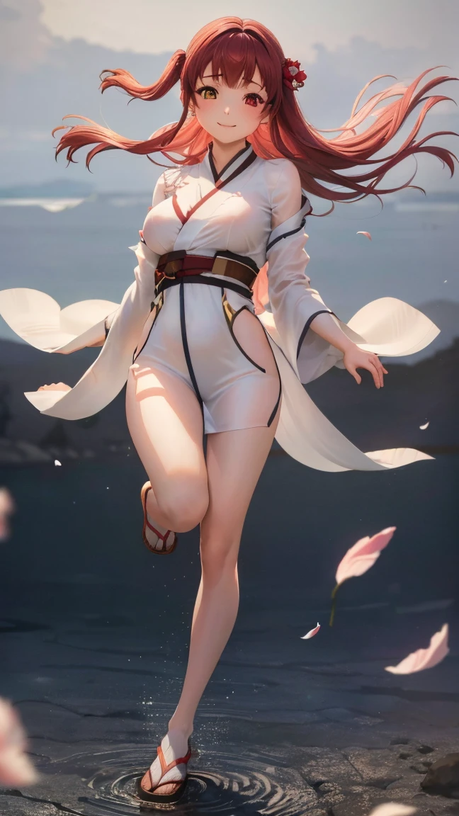 (best quality, 8k, 32k, perfect body, ultra-detailed face), 1girl, houshou base, heterochromia, red eye, yellow eye, loose long hair:1.3, traditional japanese hair ornaments:1.2, large breasts, flowing chiffon kimono:1.4, sheer layered fabric:1.3, soft draping:1.3, translucent silk:1.2, floating fabric effect:1.3, ethereal clothing movement:1.3, (medium-long shot from 5 meters:1.4), (full body with environment visible:1.3), slightly low angle view, natural perspective, misty japanese garden:1.3, cherry blossoms:1.2, (soft body lines:1.3), (delicate feminine features:1.2), (smooth skin texture:1.2), gentle curves, natural body proportions, (ethereal pose:1.4), billowing kimono, flowing loose hair, (dynamic fabric movement:1.4), (dreamy gentle smile:1.2), fresh expression, heterochromatic eyes, (overall silhouette soft:1.2), slight blush, (soft diffused lighting:1.3), floating cherry blossom petals:1.3, (ethereal atmosphere:1.4)