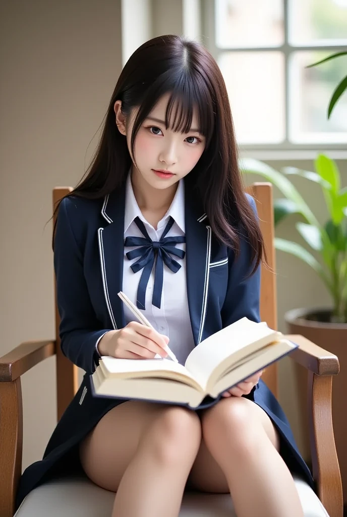   young woman in long-sleeved uniform {x} viewed from a slightly higher perspective , 18 years old, In a long-sleeved uniform ,  sitting in a chair, Open your legs a little,  focusing on books  ,  natural light,  top quality ,  detailed uniform ,  gentle expression , Gentle colors,  casual pose,  a realistic image. white panties,, camel toes,Big Torpedo Breasts ,