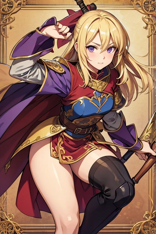 estilo final fantasy tactics, Watercolor shading, hand-painted texture,  dynamic pose style,  blond hair, detailed and ornate armor with red hues , golden patterned knee-high stockings,  solid purple hammer ornamented with bright highlights, intricate, fantasy-inspired weapon design, soft, muted color palette, medieval fantasy aesthetic, fine line art with delicate shading, parchment-style background, detailed rendering with visible brushstrokes,  fantasy illustration with a nostalgic and classic RPG vibe 