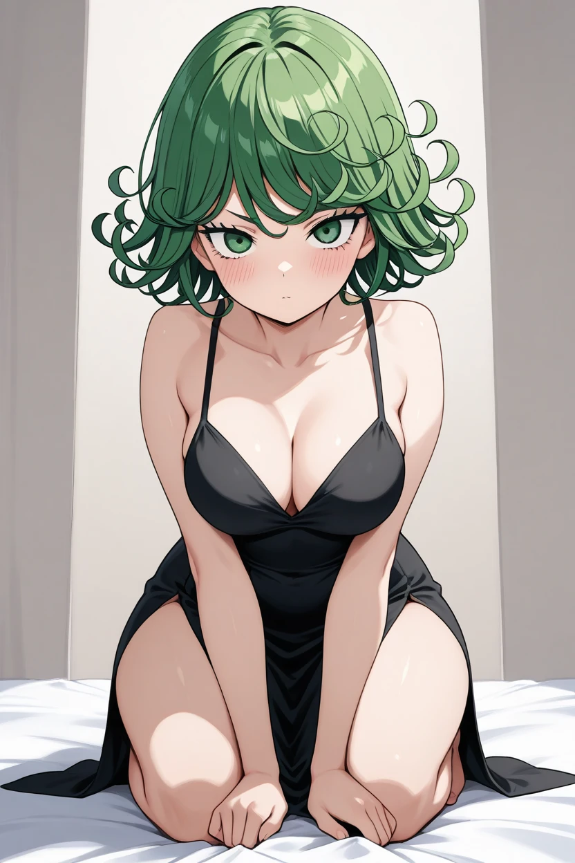 (masterpiece:1.2),( Highest quality), (High resolution), (unity 8k wallpaper), (Beautiful attention to detail), (Tatsumaki), One Girl, Green Hair, short hair, Green Eyes, small Breasts, black camisole, sheer camisole, Green and black lace panties, standing, Cowboy shot,indoors