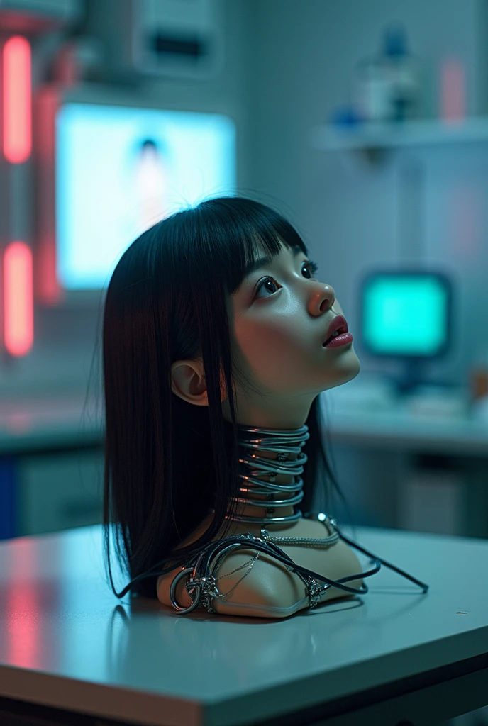 SFW, Darkness, horror, experiments, factories, sparks, (anatomy: 1.3) (damage: 1.2) (machine: 1.1) (woman with perfect body, full chest) has gray hair and beautiful, detailed red eyes. He has one (machine (heart: 1.1) and one (dirty face: 1.2), exposed wires and pipes, internal mechanical parts damaged and short circuited, severe damage, removal, natural light, light tracking, complex circuitry, illustrations, 8 wallpapers, ultra-detailed, full-body portraits, the best picture, wrong images, the wrong way, intricate details of the highest quality, ridiculous